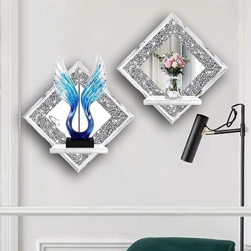 Miniatura 10 de Juego de 2 candelabros de cristal con forma de diamante, magnífico aplique de pared de espejo plateado, portavelas para decoración del hogar, sala