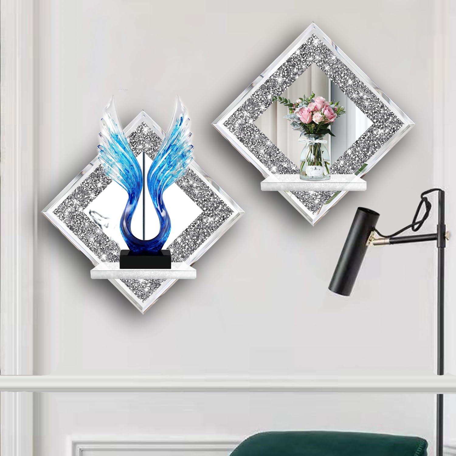 ZOLAPI Kristall-Crush-Diamant-Kerzenhalter im 2er-Set, Diamant, Silber, verspiegelte Kerzenleuchter, Wanddekorationen für Wohnzimmer, Esszimmer und Schlafzimmer