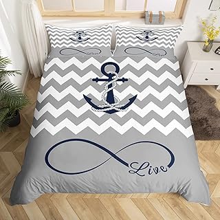 Castle Fairy Nautical Anchor Duvet Cover King Size,Sea Wave Grey White Bedding Set 3pcs for Teens Adults,Coastal Theme Comforter Cover Soft Quilt Cover Bedroom Decor Bedspread