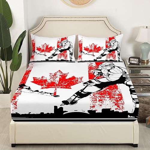 Miniatura 4 de jejeloiu Juego de sábanas de hockey sobre hielo para niñas y niños, tamaño King, con diseño de bandera canadiense con bolsillo profundo, sábana