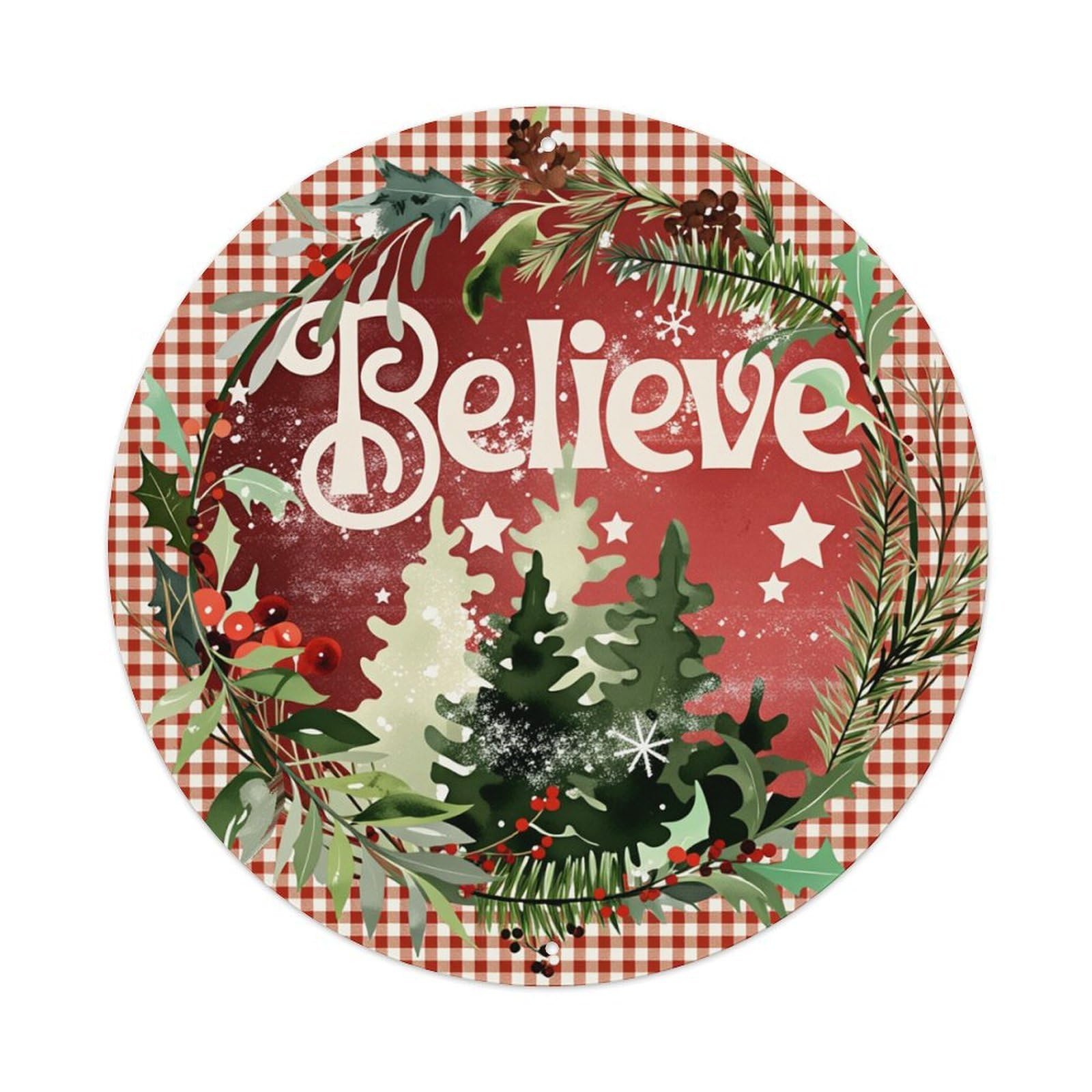 Believe Christmas Tree Wreath Stars Round Tin Sign Retro Metal Sign for Cafe Bar Pub Home Game Room Gym Club Wall Decoration Vintage Metal Poster 8x8 Inch