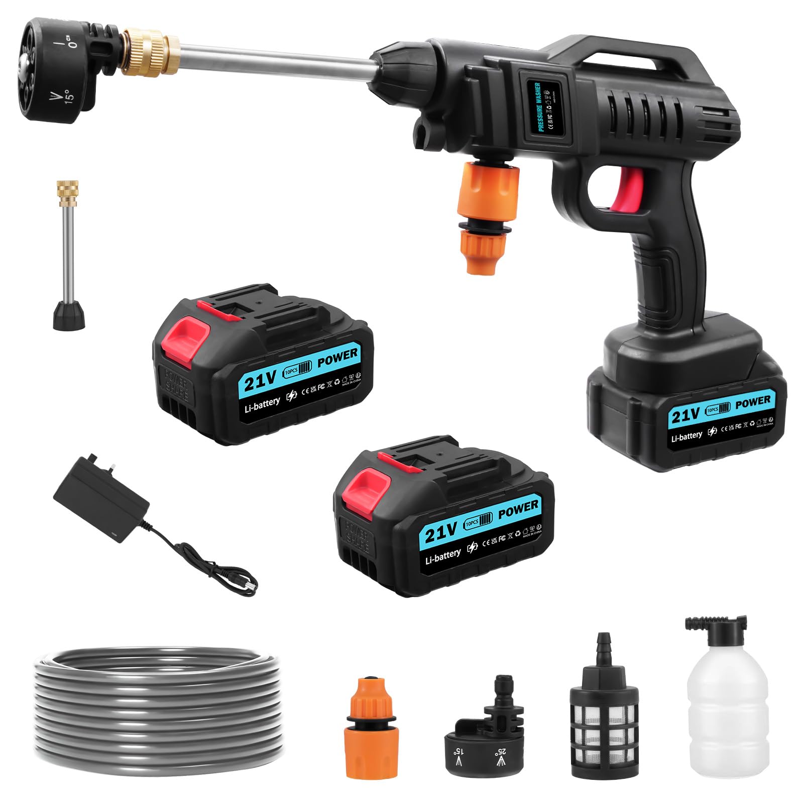 Hidrolimpiadora de Alta Presión 3000W Inalámbrica con 2 Baterías 21V Recargables - Boquilla 6 en 1 Ajustable, Tuyau 5m - para Coches, Suelos, Patios y Jardines