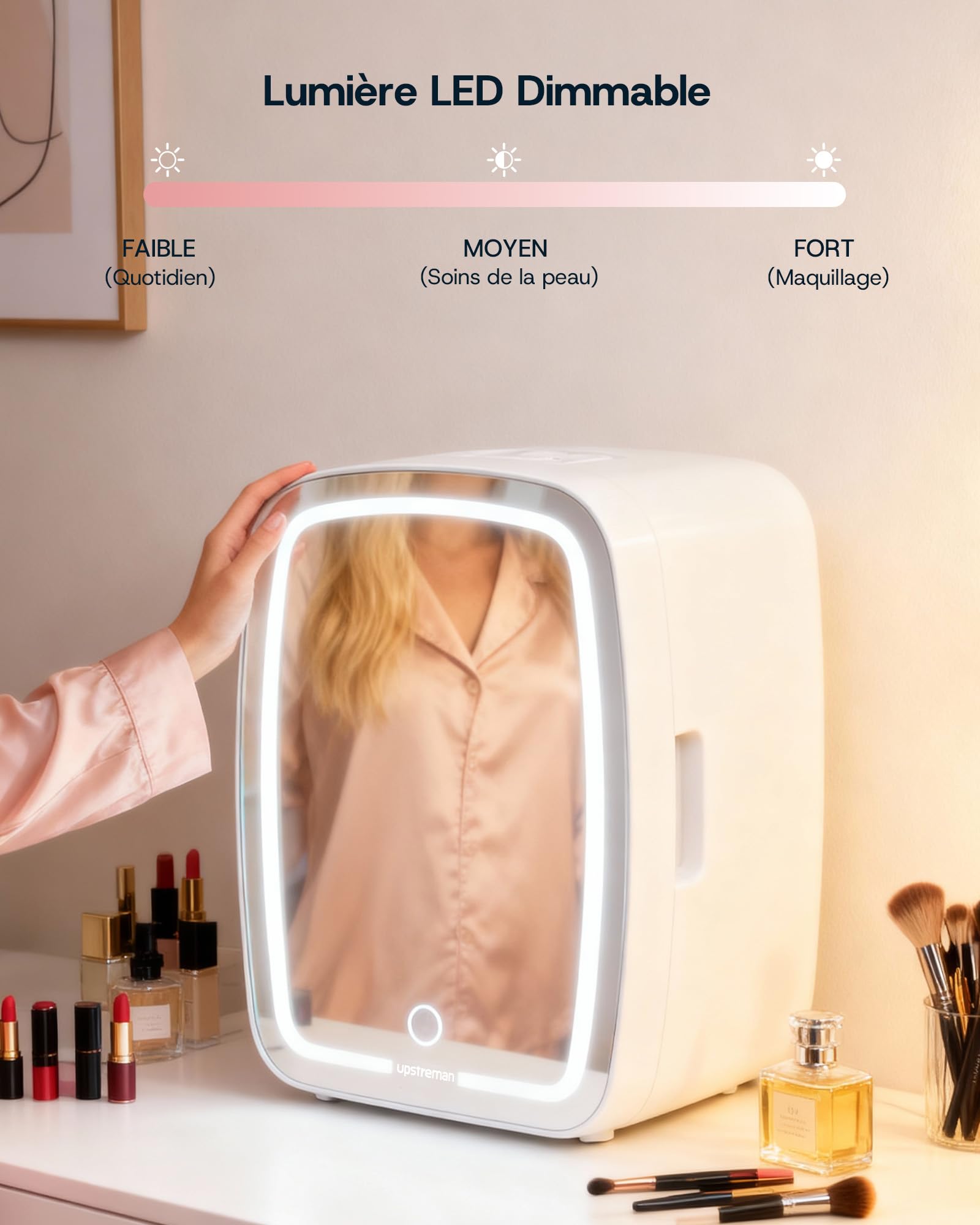 Upstreman TF06 PRO Mini Frigo Cosmetique 6L avec Miroir, Éclairage LED 3 Intensités, 35 dB Silencieux Portable