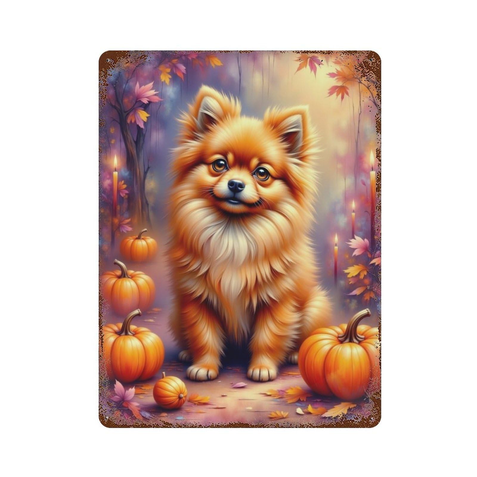 Autumn Pomeranian with Pumpkins 15.7"x11.8" Rust Effect Tin Sign, Old School Wall Decor for Pub, Kitchen And Man Cave Decor