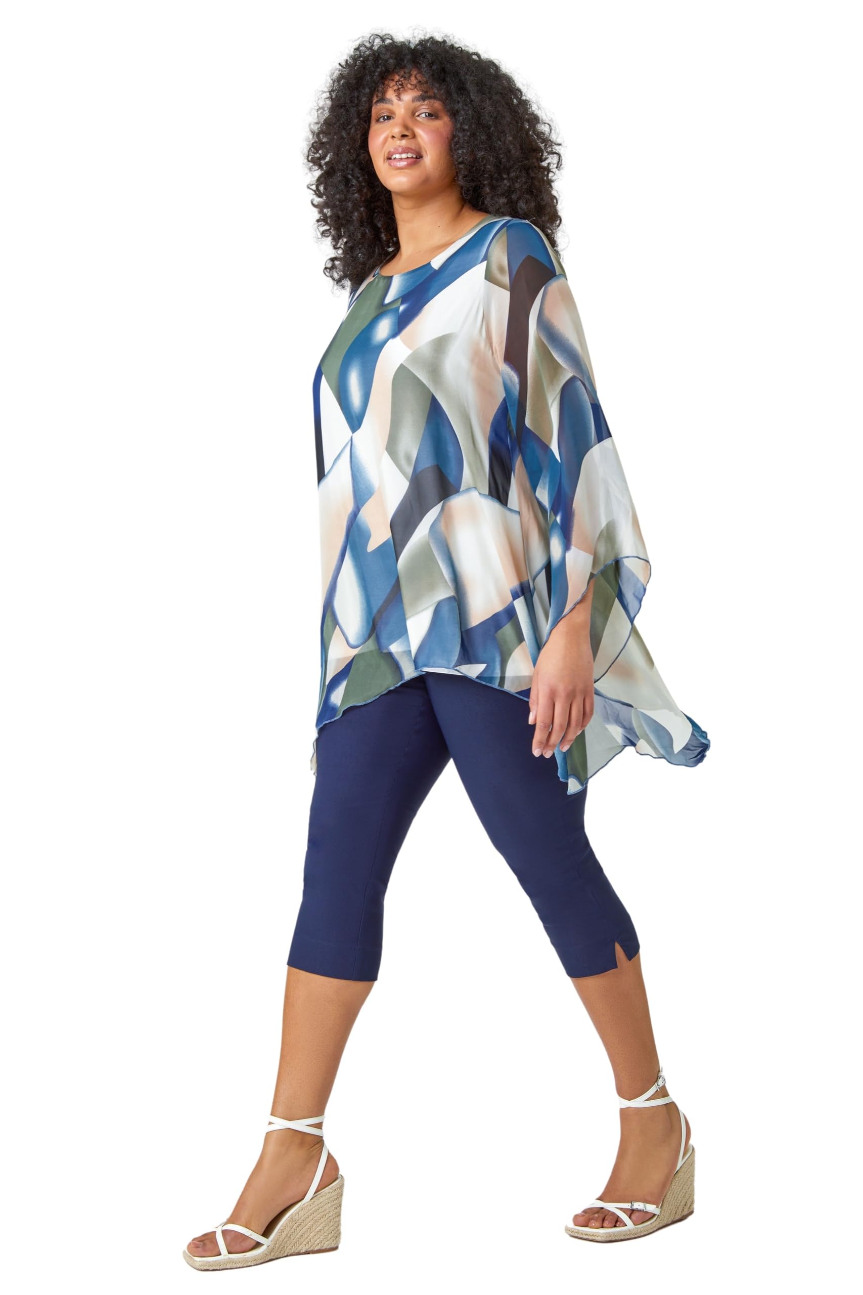 Roman Women's Navy Curve Abstract Chiffon Overlay Top In Size 20