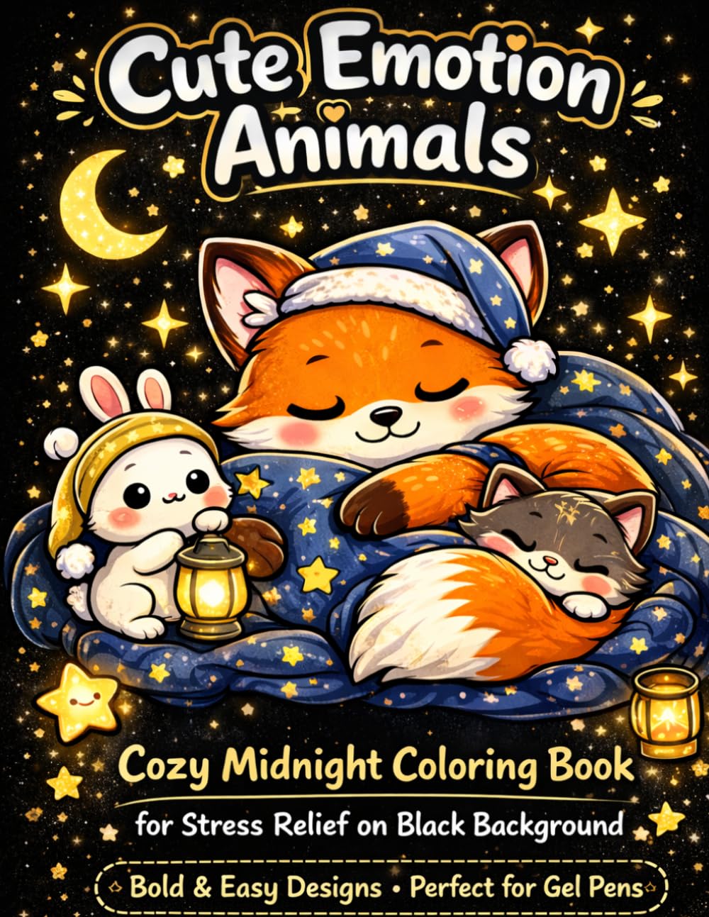 Cute Emotion Animals: Cozy Midnight Coloring Book for Stress Relief on Black Background.
