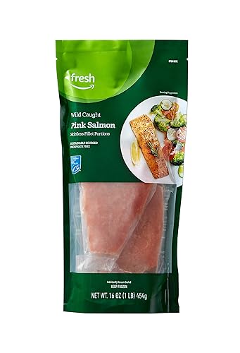 Amazon Fresh Brand, Wild Caught Pink Salmon Skinless Fillet Portions, Frozen, Sustainably Sourced, Phosphate Free, 1 Lb