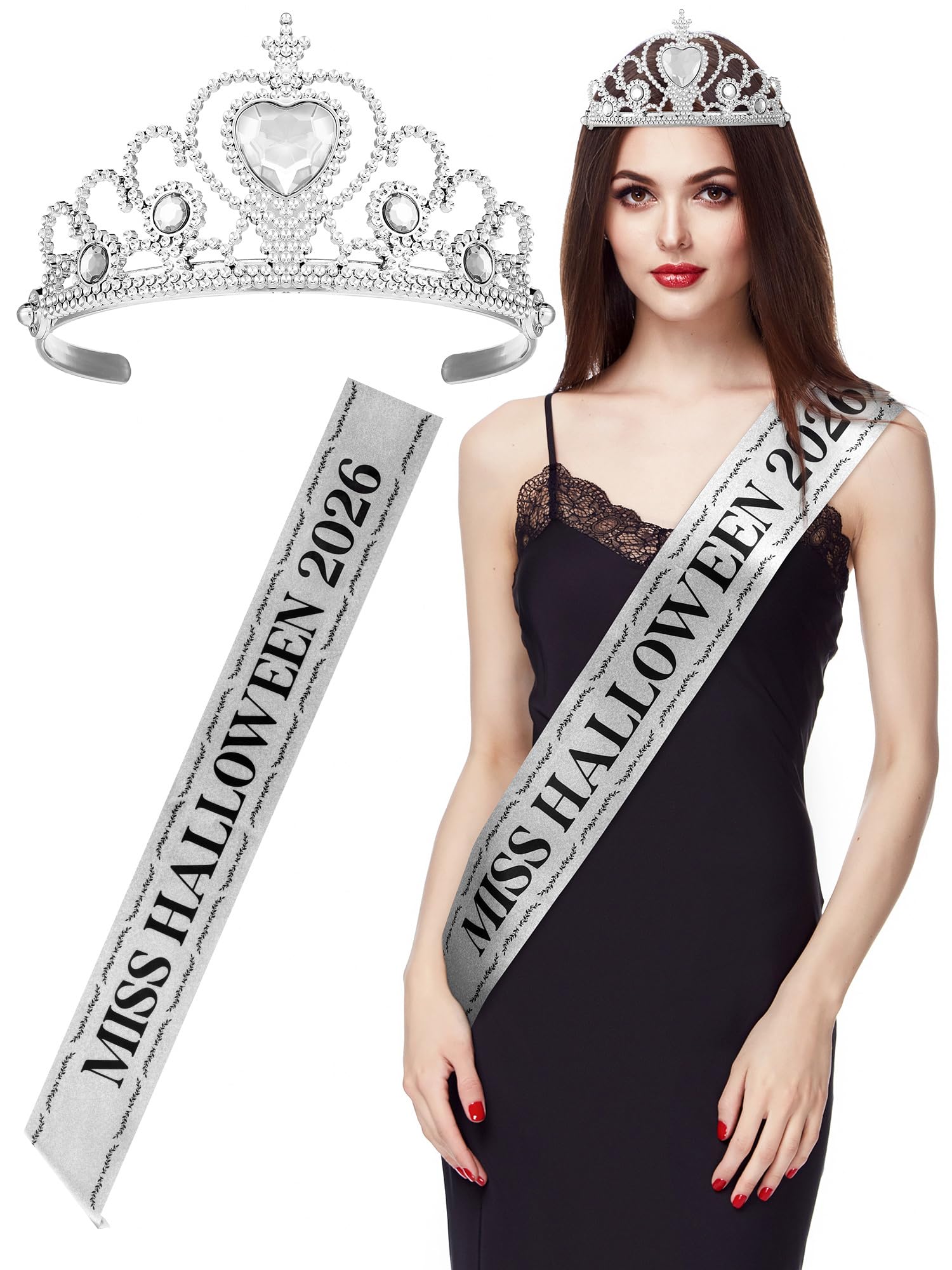 Ferraycle Miss Halloween 2026 Crown and Sash Set Silver Rhinestone Tiara