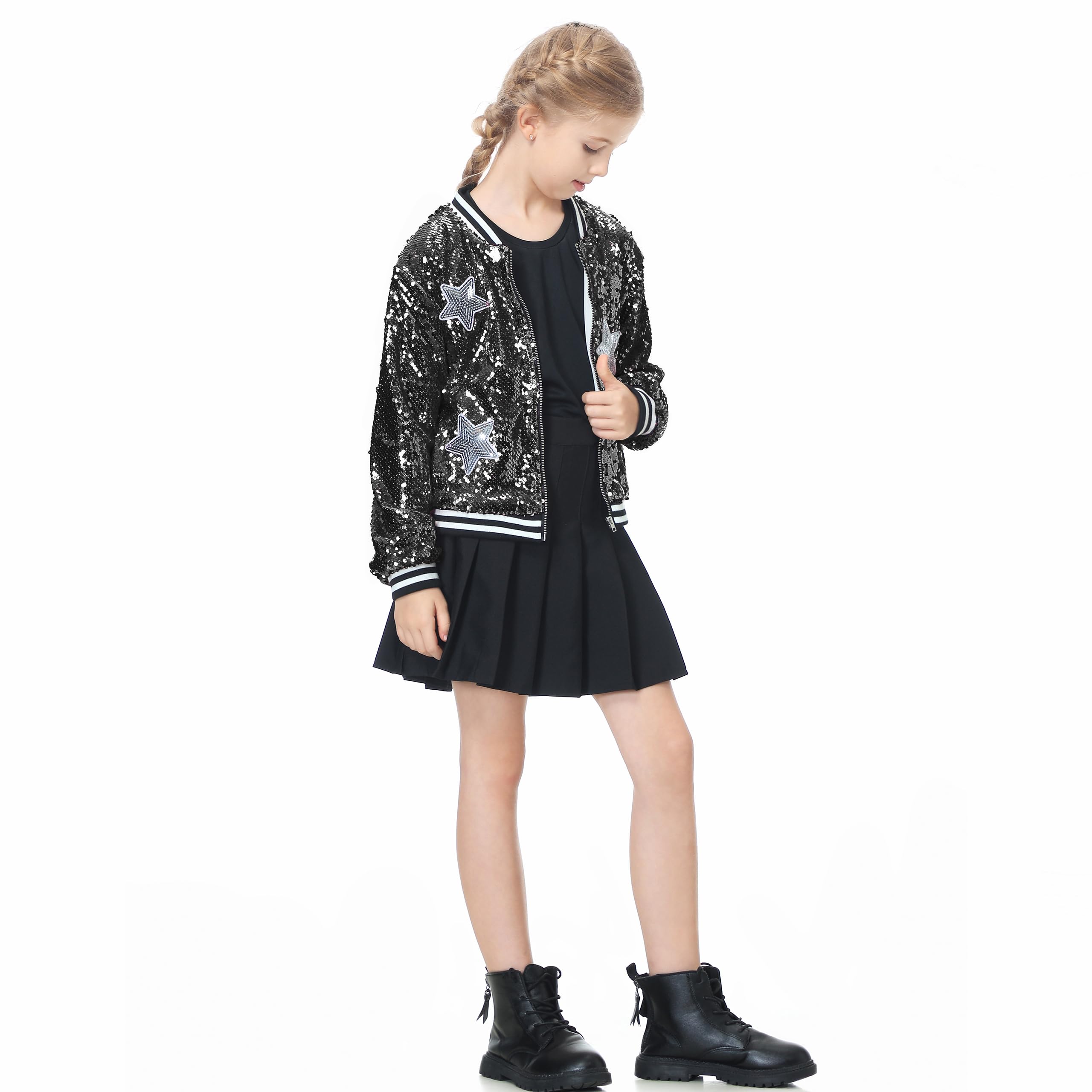 LOLANTA Niñas Lentejuelas Bomber Chaqueta con Bolsillos Cremallera Manga Larga Sparkle Béisbol Chaquetas para Niños 4-11 años