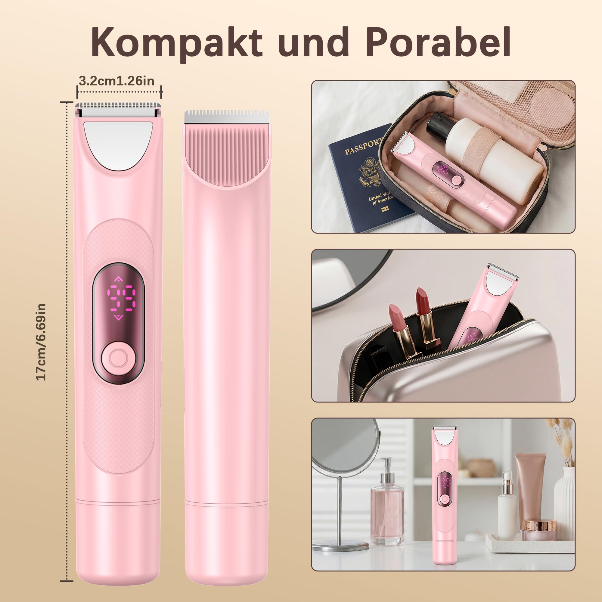 Elektrisch Rasierer Damen, 3-in-1- Elektrischer Trimmer Intimrasierer für Frauen, für Bikinizone Achseln Beine Gesicht mit LED-Anzeige, Wiederaufladbarer Damenrasierer Elektrisch Nass & Trocken, Rosa