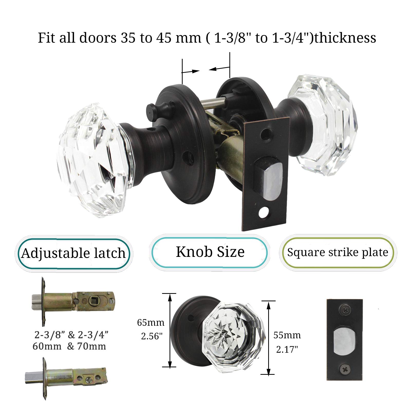 Privacy Crystal Knob Interior in Oil Rubbed Bronze Finish,Crystal Privacy Door Knobs for Bathroom/Bedroom,Bed/Bath Door Lock, Venetian Bronze,Classic Rosette Octagon Shape Modern Hardware