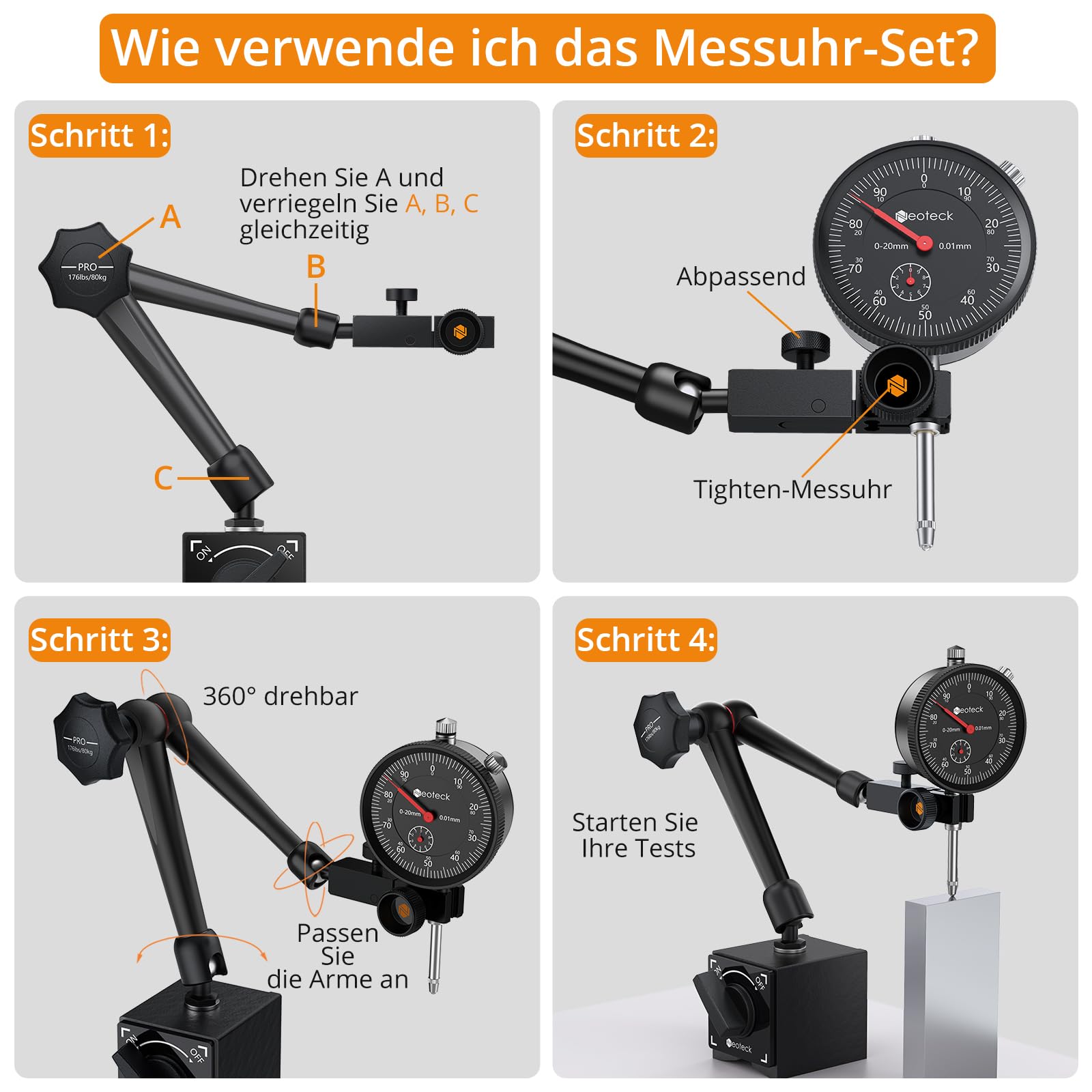 Neoteck Messuhr und Magnetstativ, Messtaster 0-20mm, Zentralklemmung Messuhrhalte für herkömmliche Messuhr - Schwarz