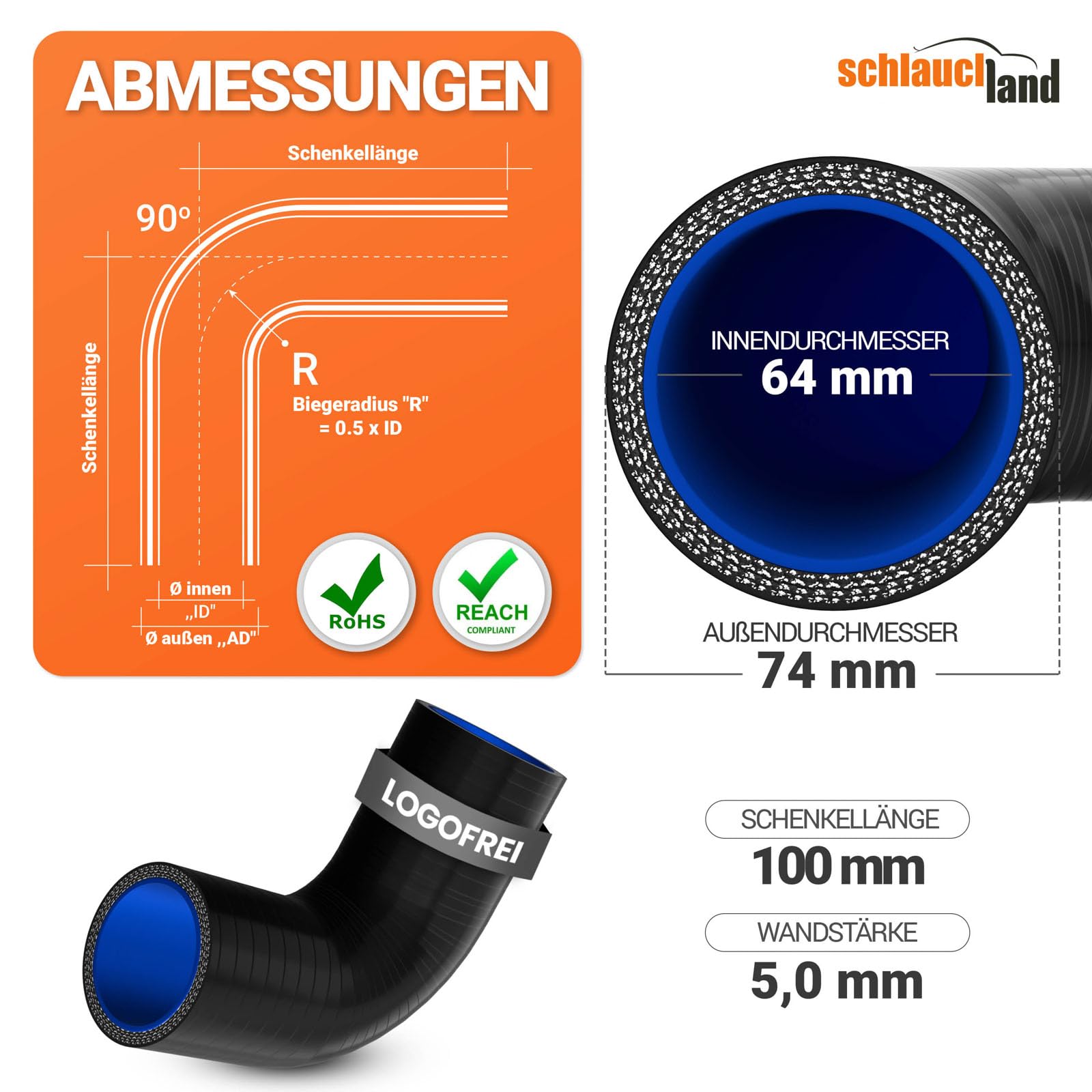 2 Stück | Silikonbogen 90° Grad ID-Ø 64mm rot 200°C | VIELE GRÖSSEN & FARBEN | Silikon-Schlauch Ladeluft LLK Kühler Schlauch-bogen Turbo Kühlmittel Kühlwasser Ansaug Gummi flexibel Rohr PREMIUM