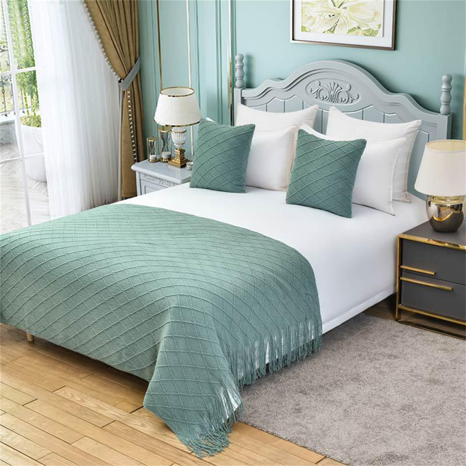 Odot Camino de Cama y Cojines a Juego, Bufanda de Cama con Cojines Pañuelos de Cama Suave Protector Decoration para Hogar Habitación y Hotel-Plaid (130x260+45cm,Verde)