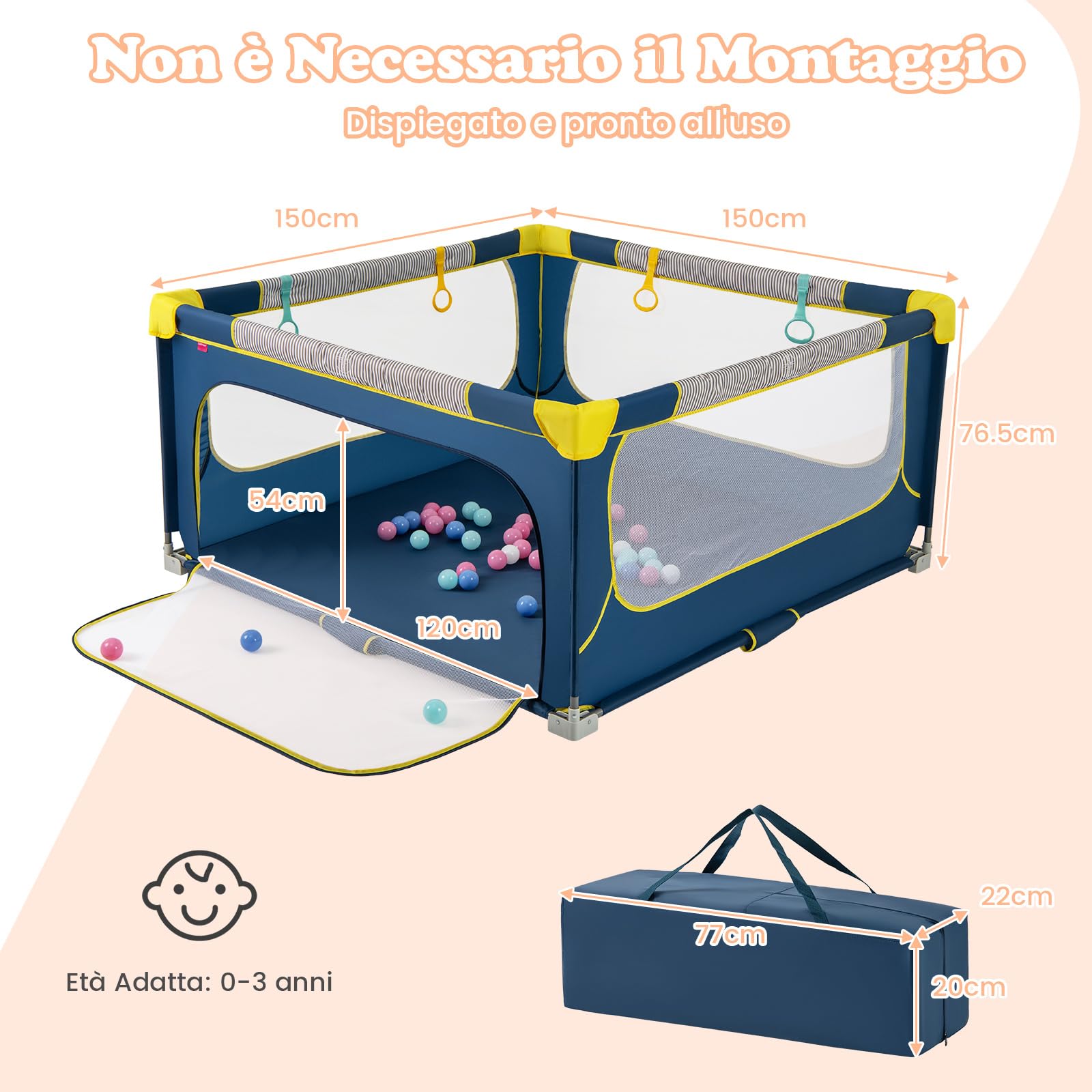 COSTWAY Recinto per Neonati Pieghevole 150x150 cm Tessuto Oxford con Rete Traspirante, Centro Attività con 50 Palline (Blu)