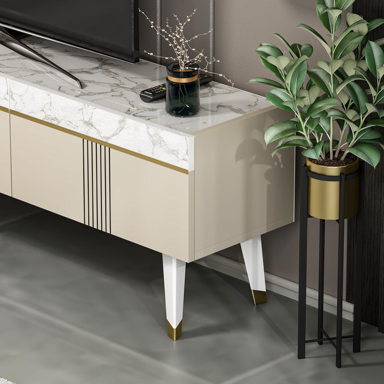 Homidea Karya - Mobile TV da soggiorno, con 3 ante dal design moderno (Beige/Marmo)