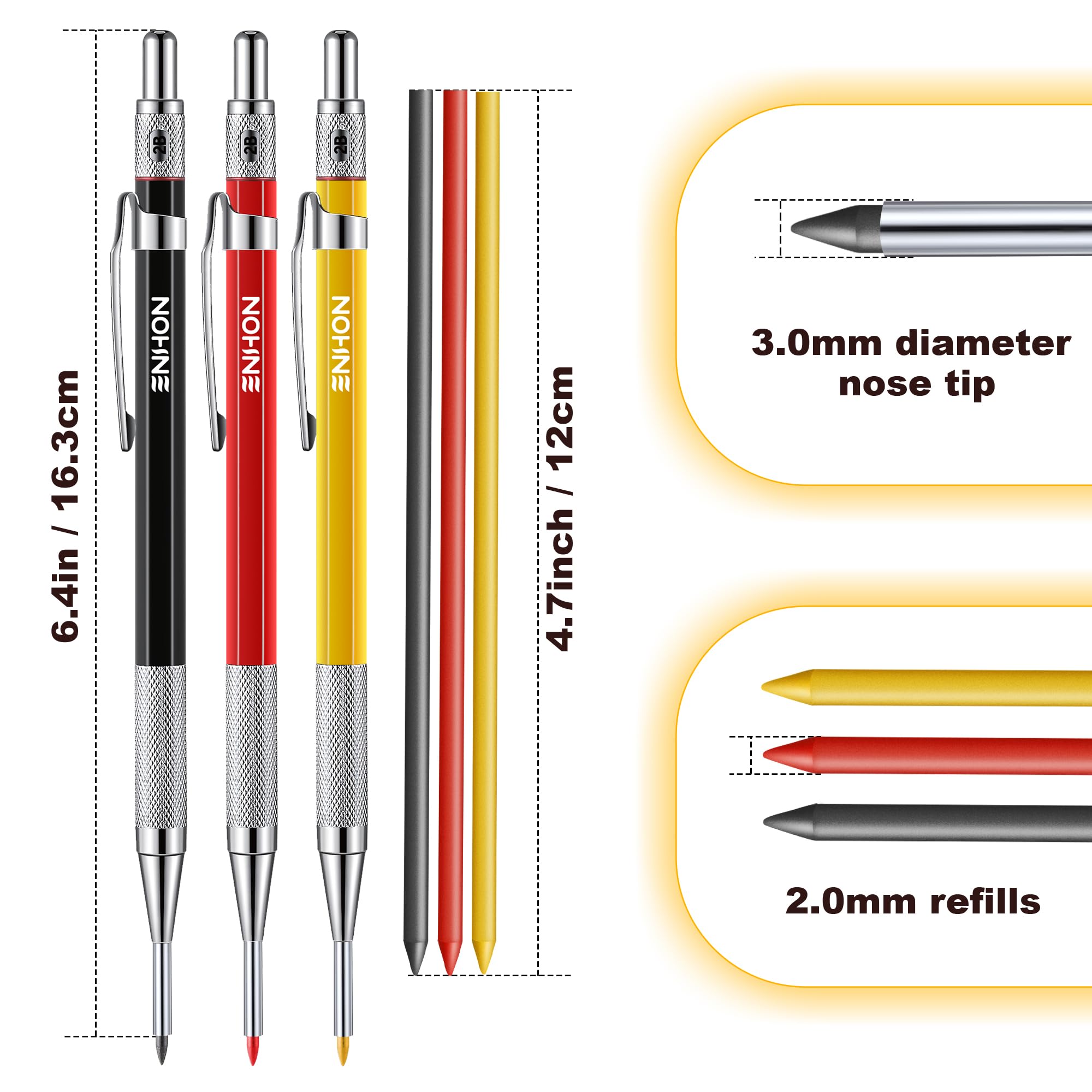 Enhon 3 Pcs 2mm Mechanical Carpenter Pencils Set with 36 Marker Refills — Amazon image 4