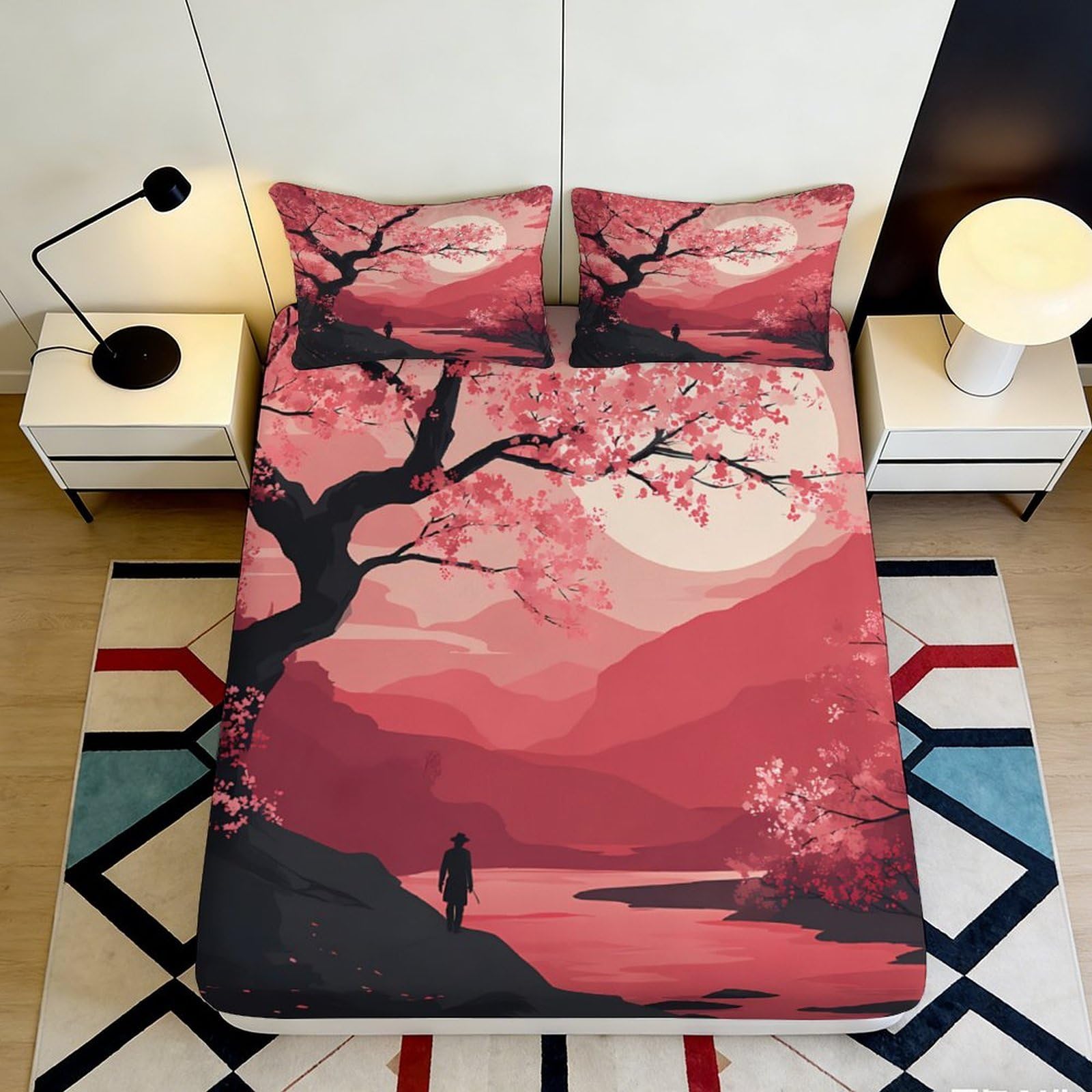 3D Printed Sakura Sunset Fitted Sheet Microfiber Soft Pink Landscape Bed Cover for Bedroom Guest Room Decor 160x200x25cm