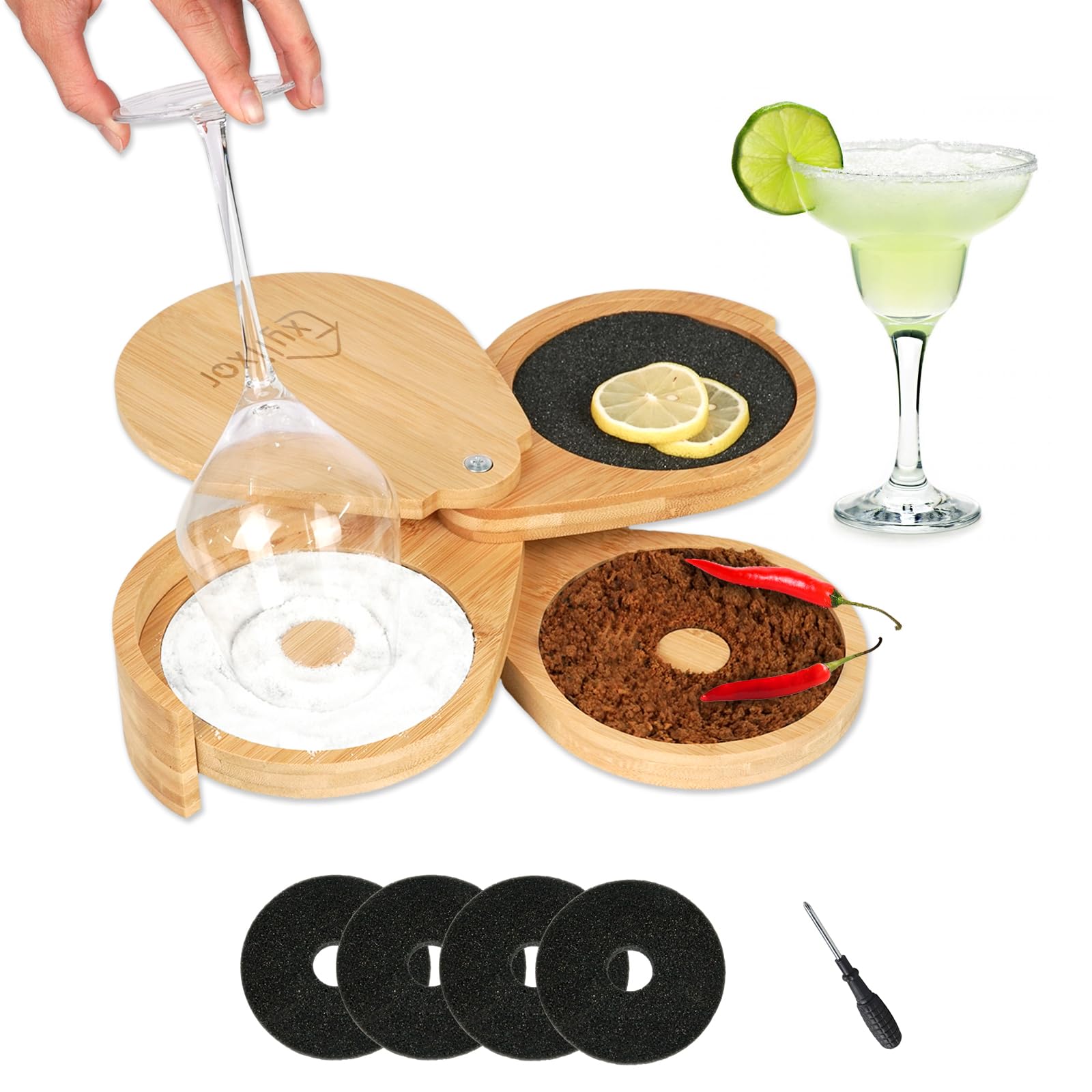 Exylixor Margarita Salt Rimmer Set, 3-Tiers Salt Rimmer for Cocktails, Bamboo Glass Rimmers for Drinks with Lemon Drop Sponges, Bar Salt and Sugar Rimmer for Bartender, Bar Tools & Supplies