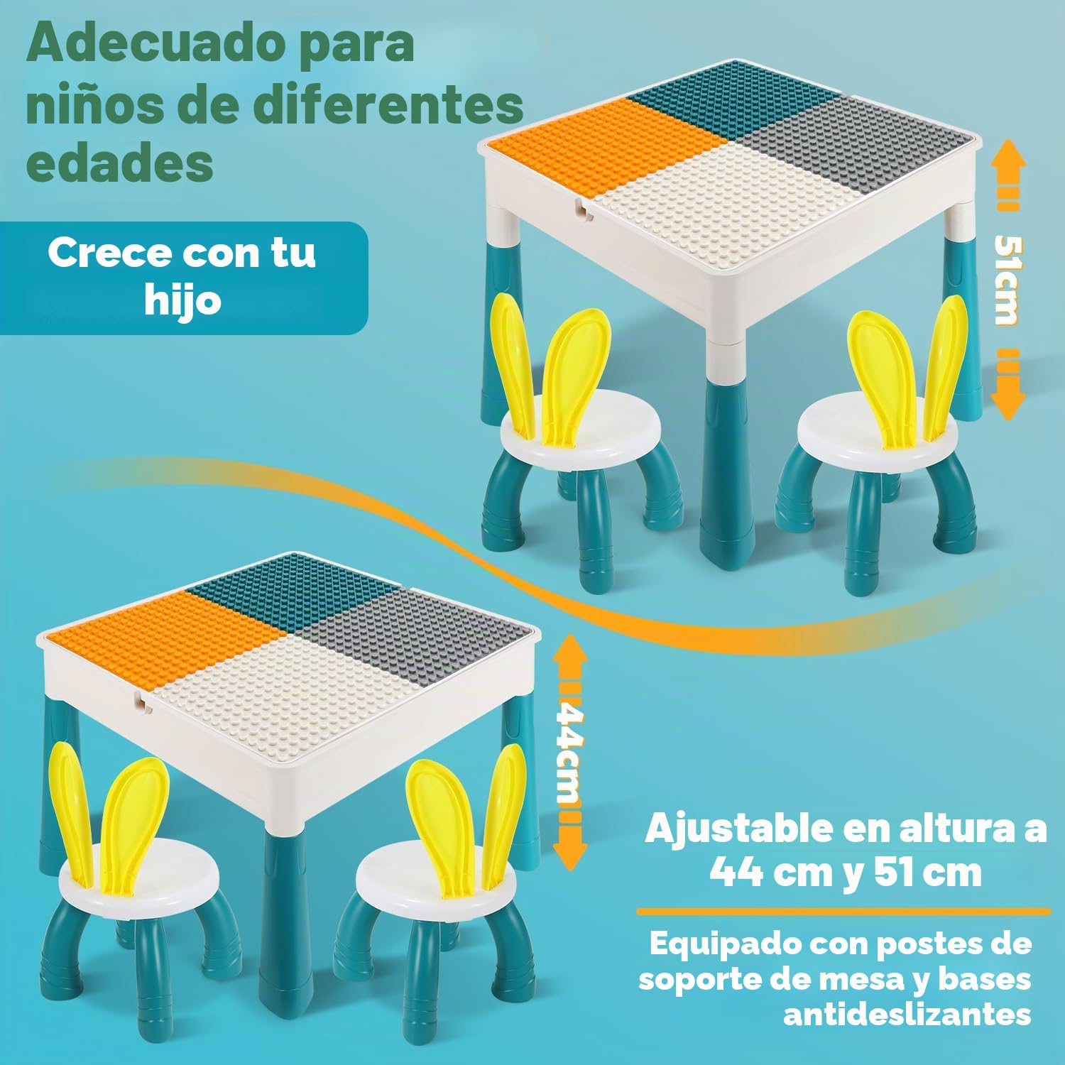 Mesa infantil con 2 sillas de juego para niños con 251 bloques de construcción, mesa de actividades multifuncional a partir de 2 años con espacio de almacenamiento, juego de bloques de
