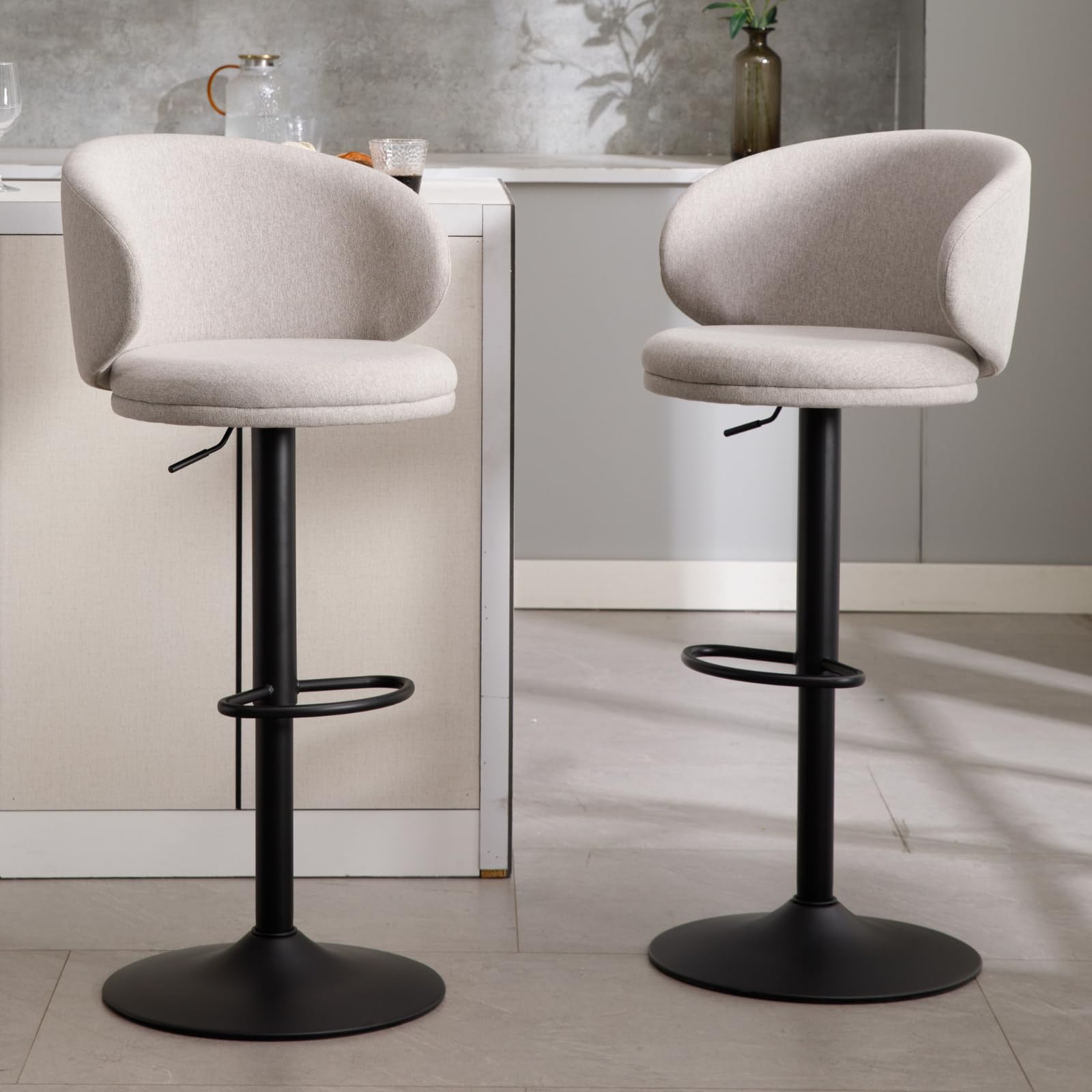 chairus Set di 2 Sgabelli da Bar in Tessuto di Lino Sgabelli Alti Regolabili e Rirevoli Sgabelli Cucina con Schienale Sgabelli Moderni con Gambe in Metallo Sedie Alte per Bar/Cucina/Penisola, Grigio
