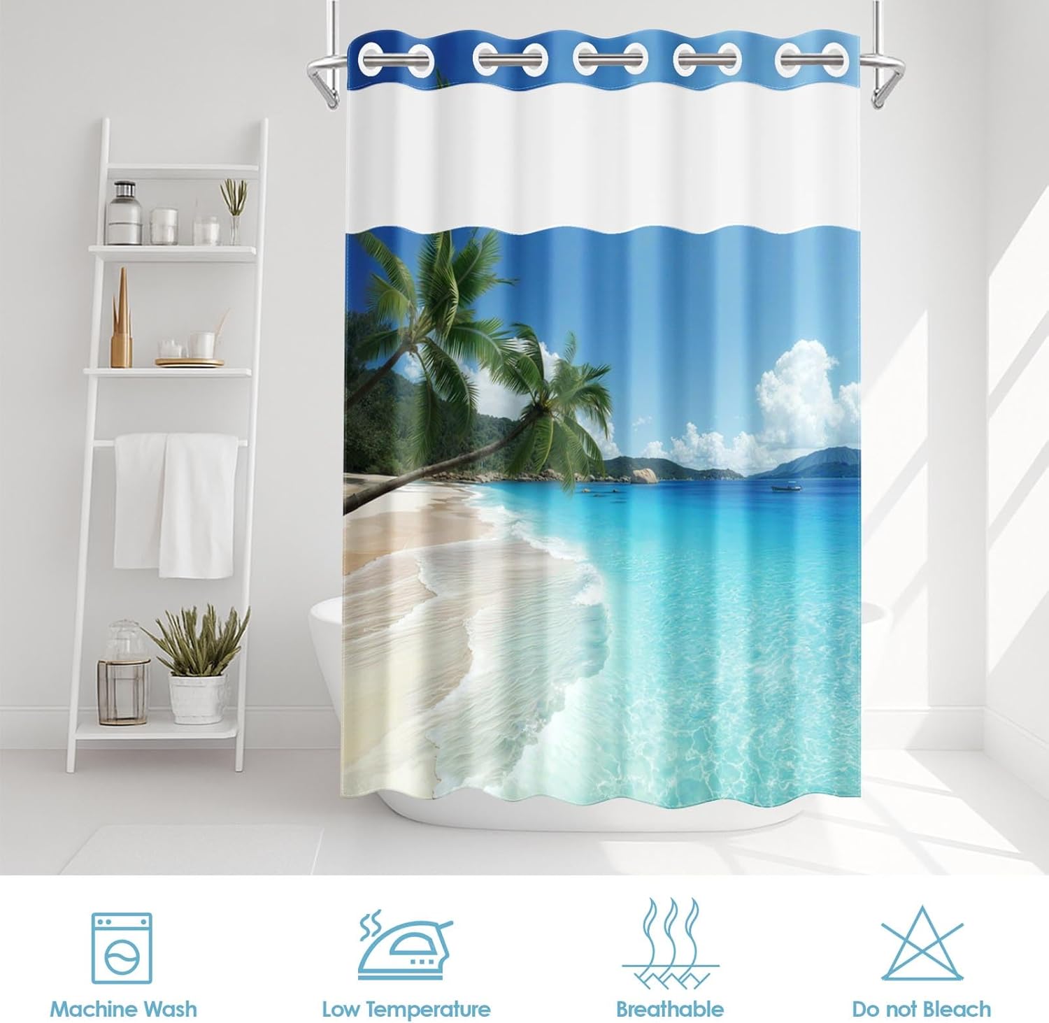 No Hook Beach Palm Tree Shower Curtain with Snap in Fabric Liner Set, Ocean Sea Summer Hawaiian Double Layers Waterproof Fabric with See Through Top Window Open Grommet Bath Curtain 71x74 Inch