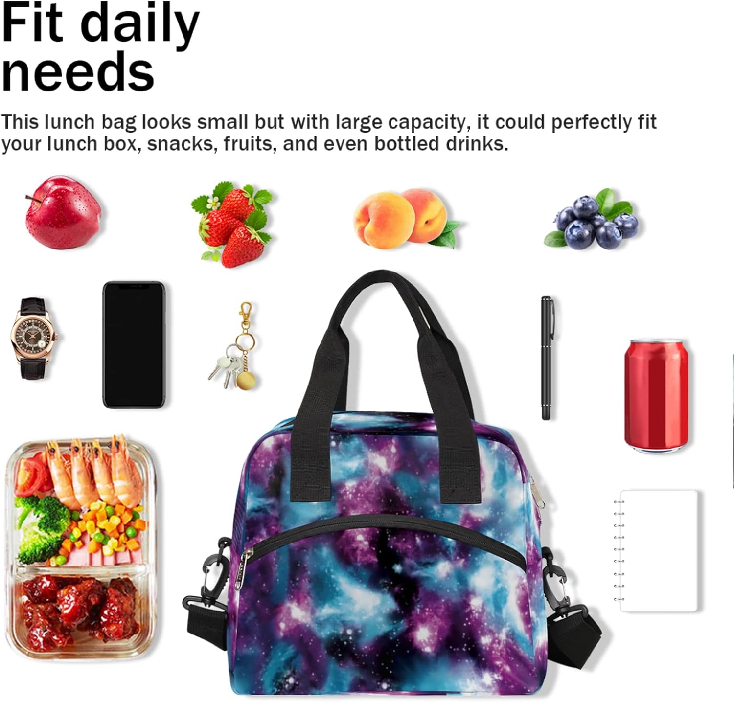 Pardick Colorful Galaxy Insulated Lunch Bag for Women Men Adult Glitter Space Large Cooler Thermal Lunch Box Durable Leakproof Tote Bag with Shoulder Strap for Work School Office Travel Meal Prep Bag