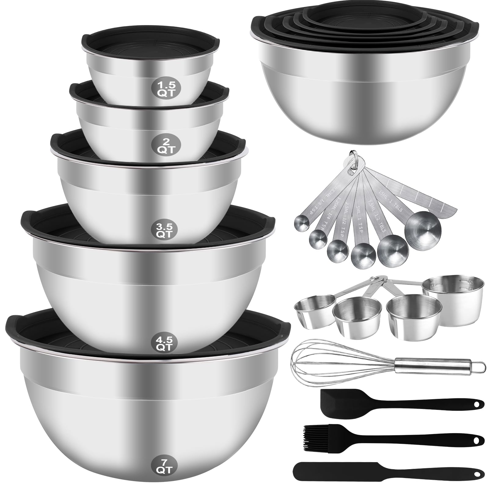 WEPSEN Mixing Bowls Set, 25PCS Stainless Steel Mixing Bowl with Lid Set, Large Nesting Bowls 7, 4.5, 3,2, 1.5QT, Measuring Cups and Spoons Baking Utensils Metal Bowl for Kitchen Prep