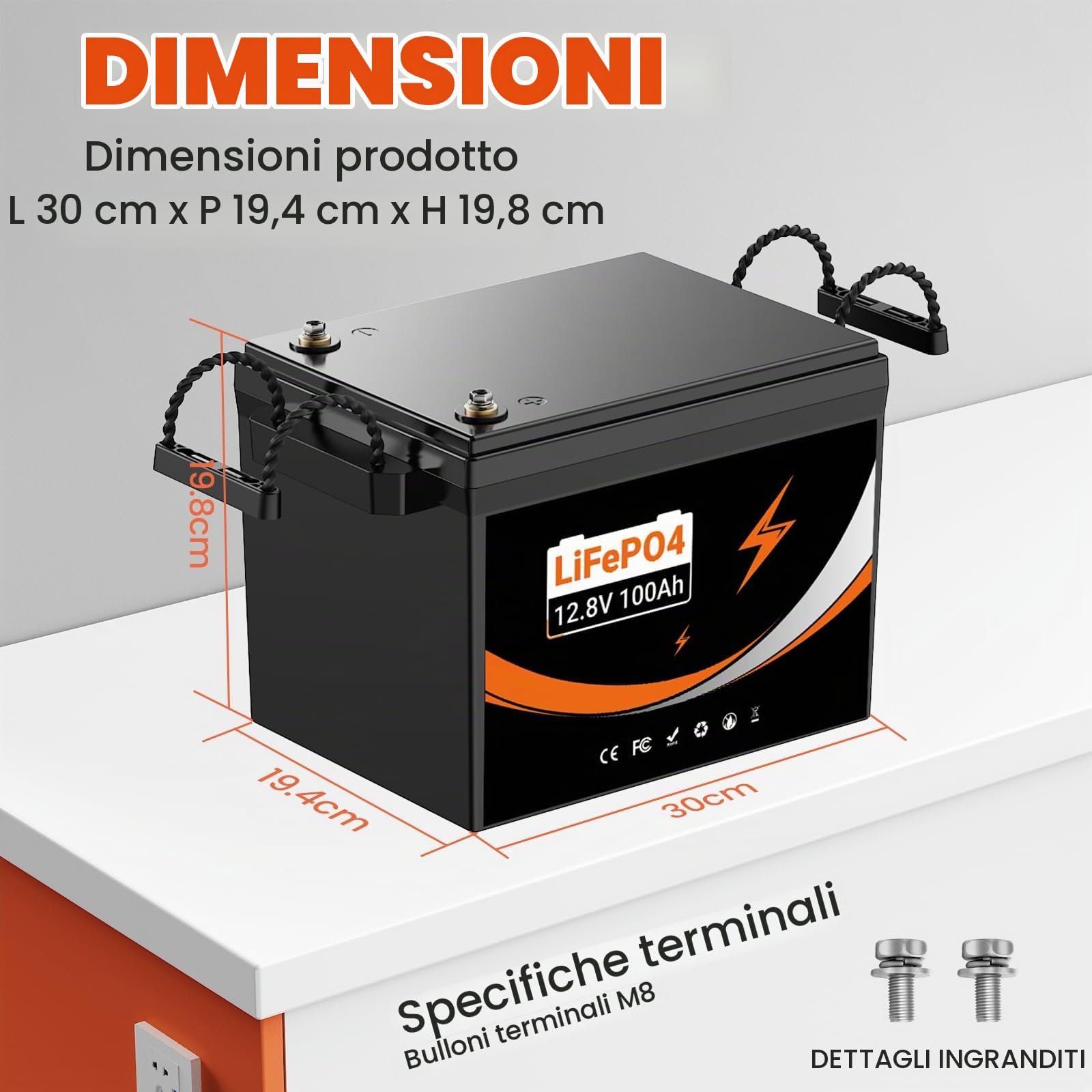 Lifepo4 batteria 12V 100AH, batteria al litio ferro fosfato, 5000 cicli di vita, Perfetta per RV, Motore Elettrico, Energetico Domestico e Off Grid