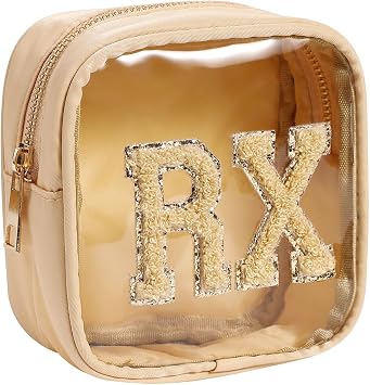 RSRSLEII Small Chenille Letter Clear Medicine Makeup Bags,Nylon PVC Waterproof Rx Pouch with Metal Zipper, Cute Drug First Aid Travel Organizer for Women Girls07Khaki