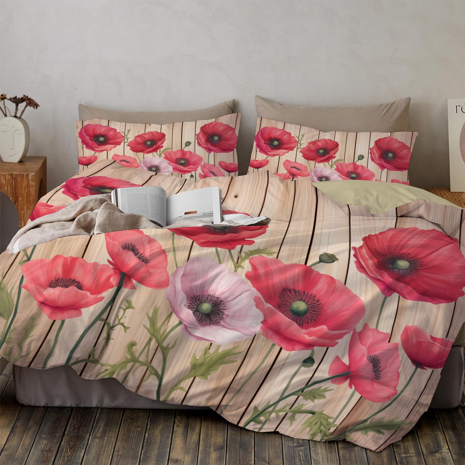 Housse de Couette 140x200cm 2 Personnes Moderne Motif Planche de Bois et Fleurs