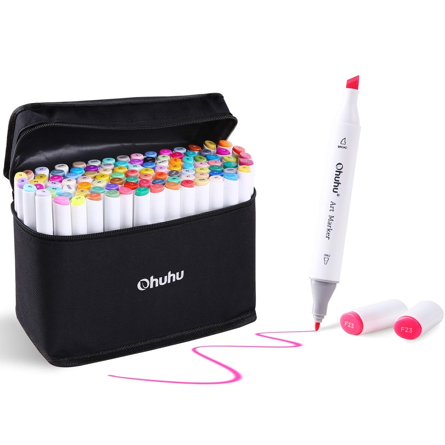 Markers, Ohuhu 100 Colores Rotuladores Permanentes, Tips Dual Arte del Bosquejo Gemelas Rotuladores con Estuche de Transporte para Colorear Pintura de Resaltado y Subrayado