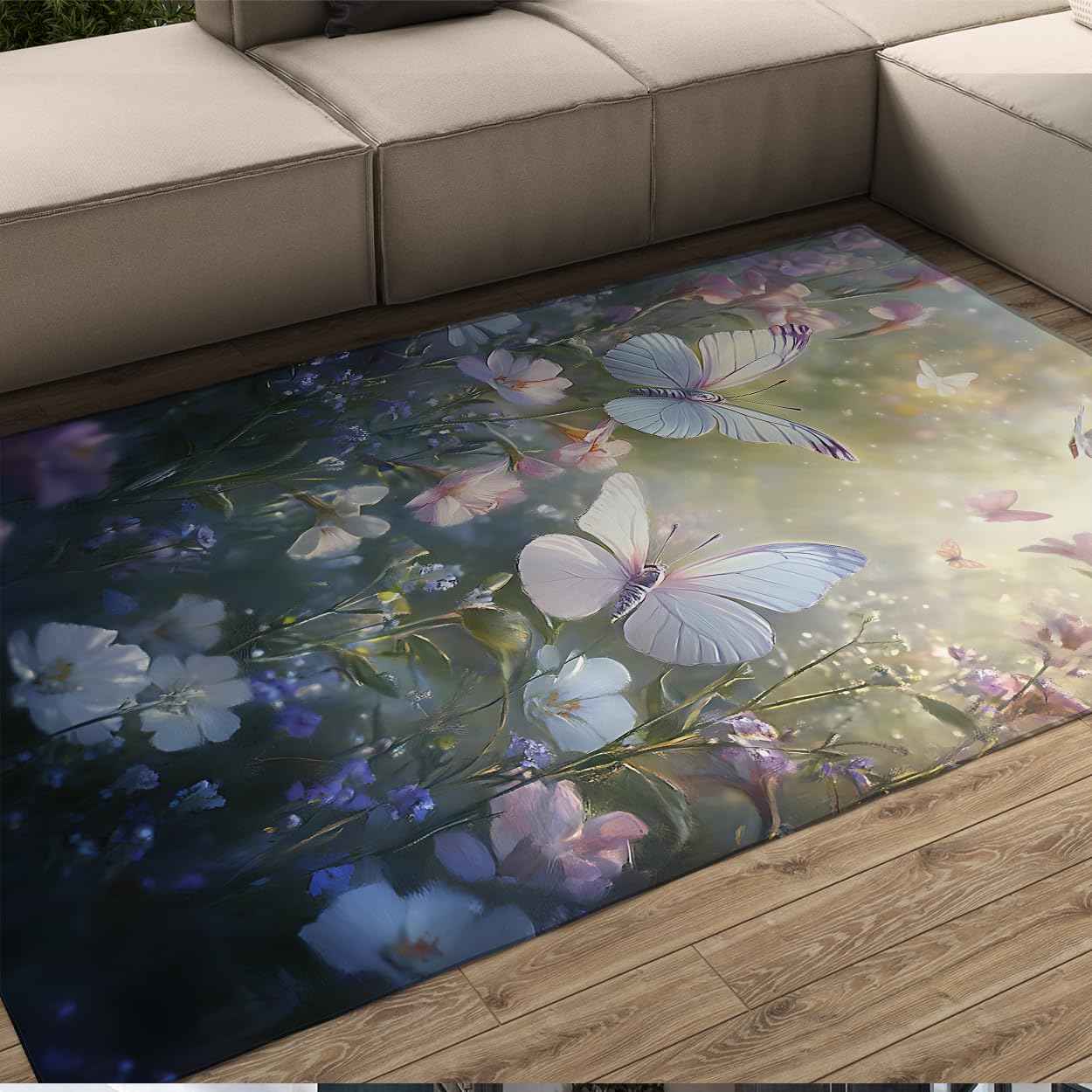 Tapis de sol design jardin papillon antidérapant et tapis lavable 150x240cm