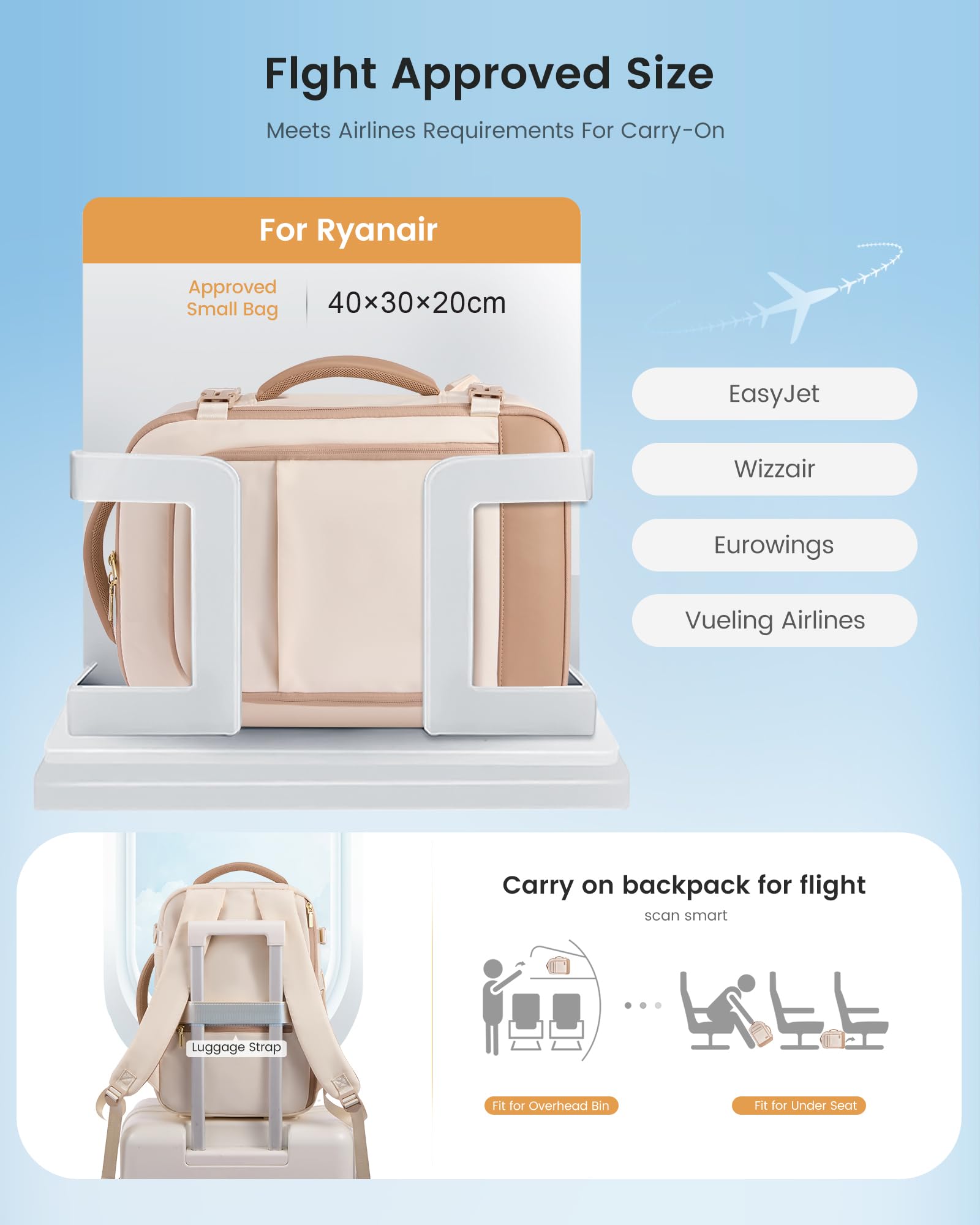 LOVEVOOK Ryanair - Mochila para equipaje de mano (40 x 20 x 25 cm, 20 L)