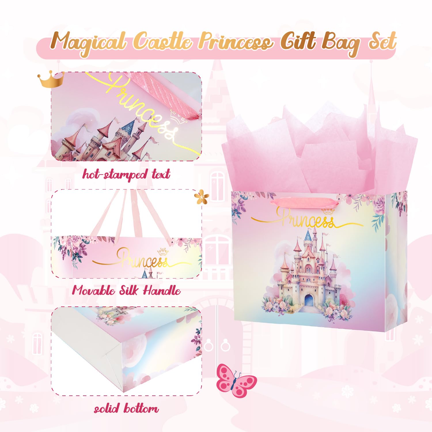 Ranfashiong 13" Large Pink Castle Birthday Gift Bag with Tissue Paper for Party Favor for Baby Shower, Girl, Princess Wrapping