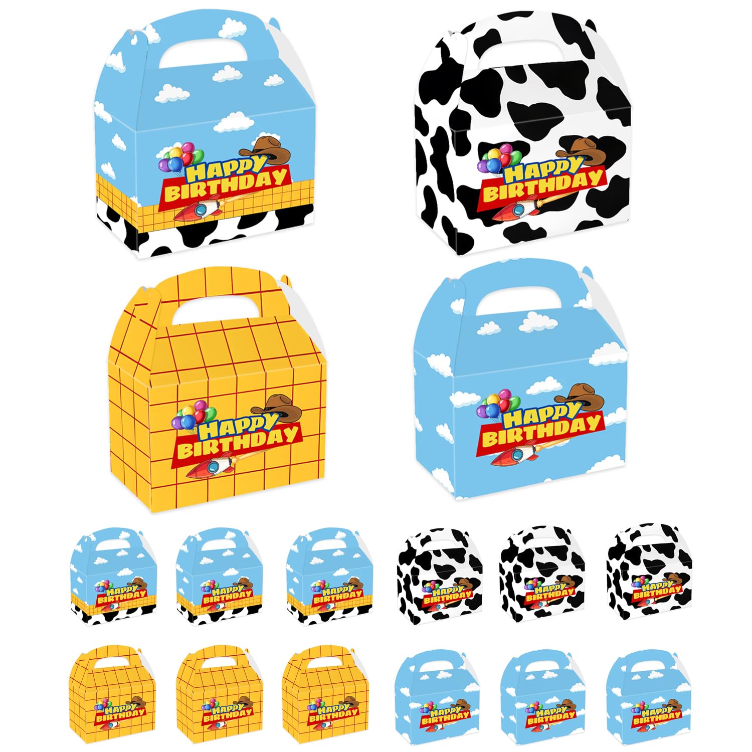 12 Pcs Birthday Party Favor Boxes - Kids Birthday Decoration,Boys Girls Birthday Party Supplies Gable Boxes with Handles,Blue Sky White Cloud Kraft Paper Gift Boxes for Snacks, Candy
