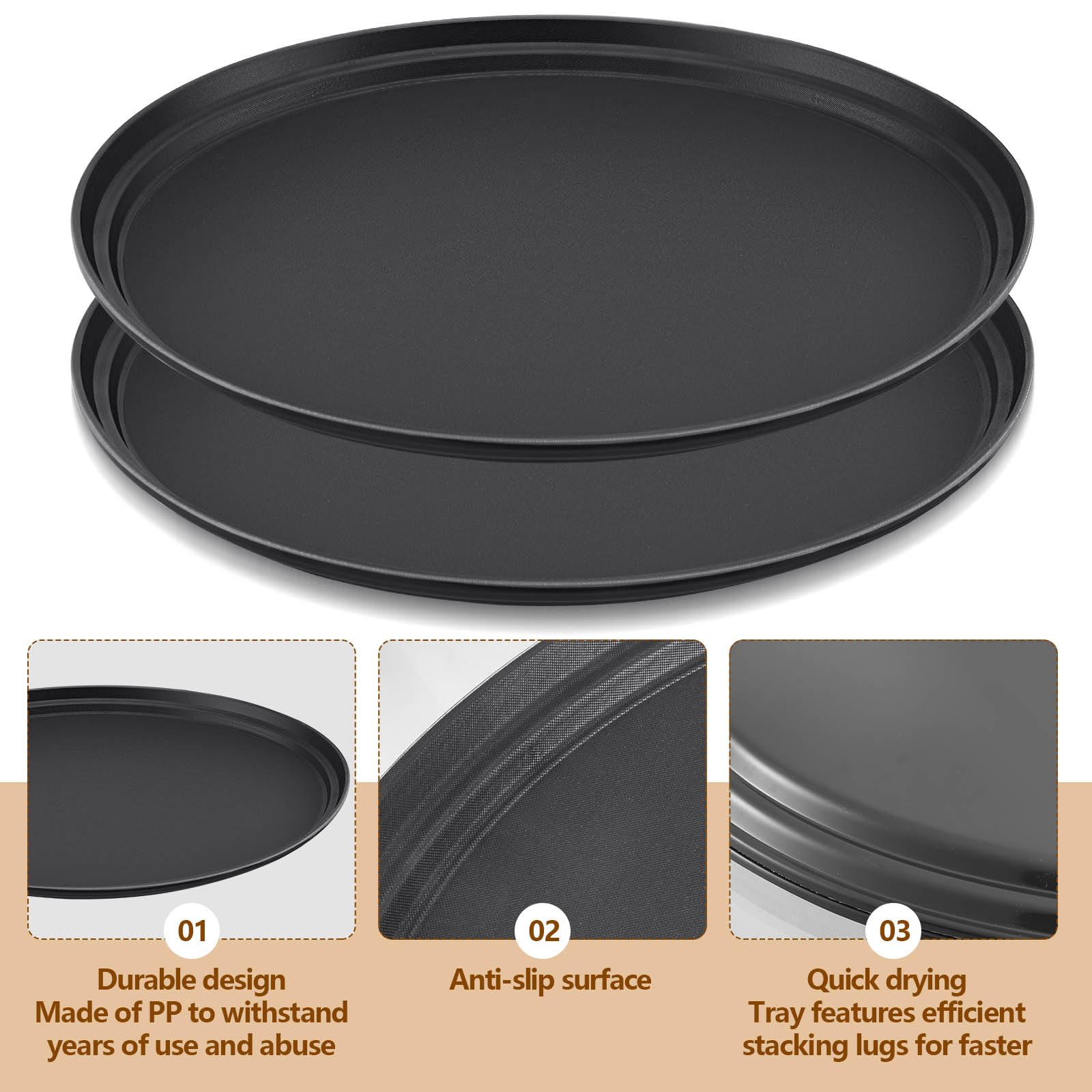FillTouch 2 bandejas ovaladas grandes de 25 x 20 pulgadas de plástico PP negro antideslizante con forro de goma para cocina, comedor, cafeterías, servicio de comida rápida