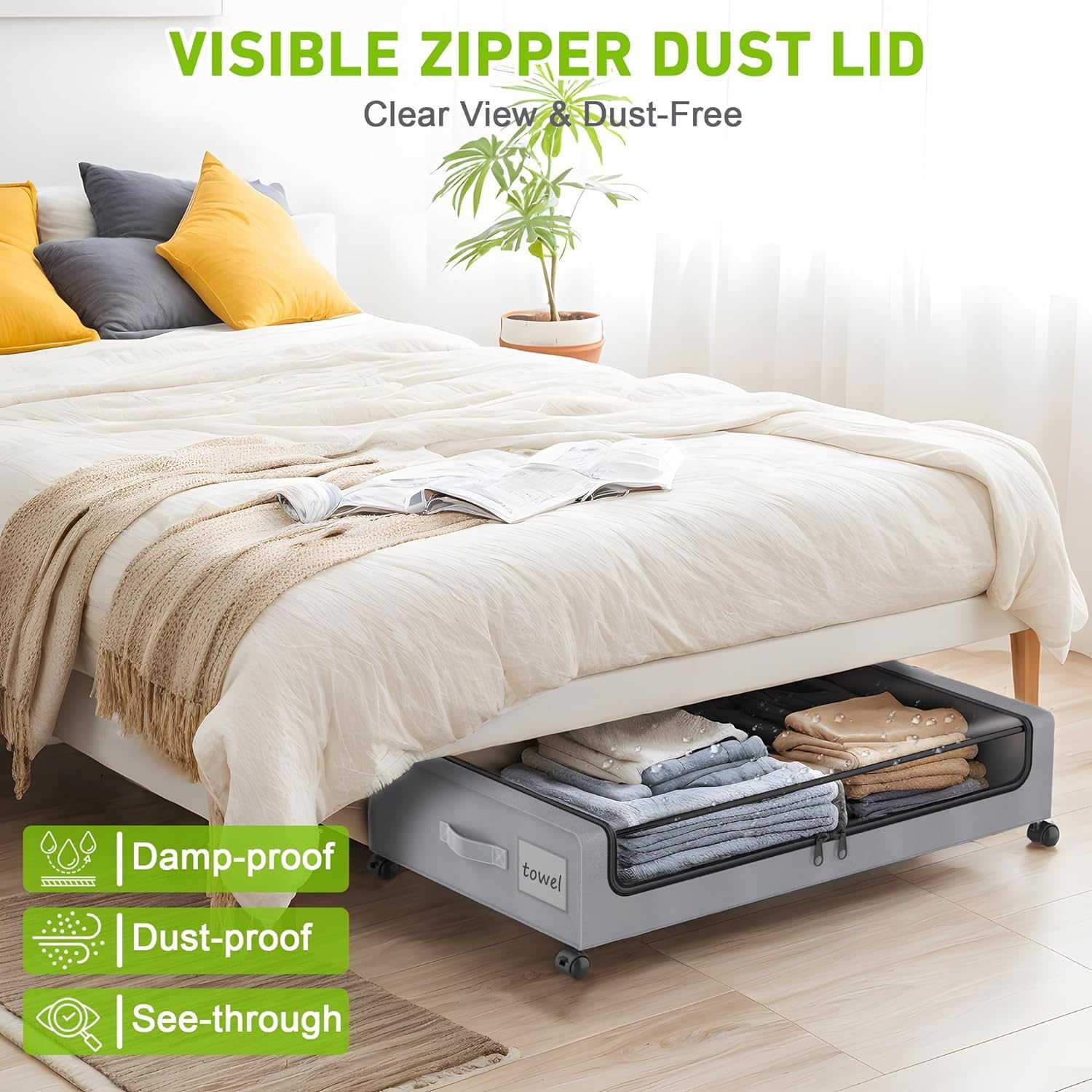 2 Pezzi Contenitori Sottoletto con Ruote 50L Cassettiera con PVC Coperchio Salvaspazio Organizer per Vestiti Scarpe Libri Giocattoli Coperte,Grigio,2 pezzi