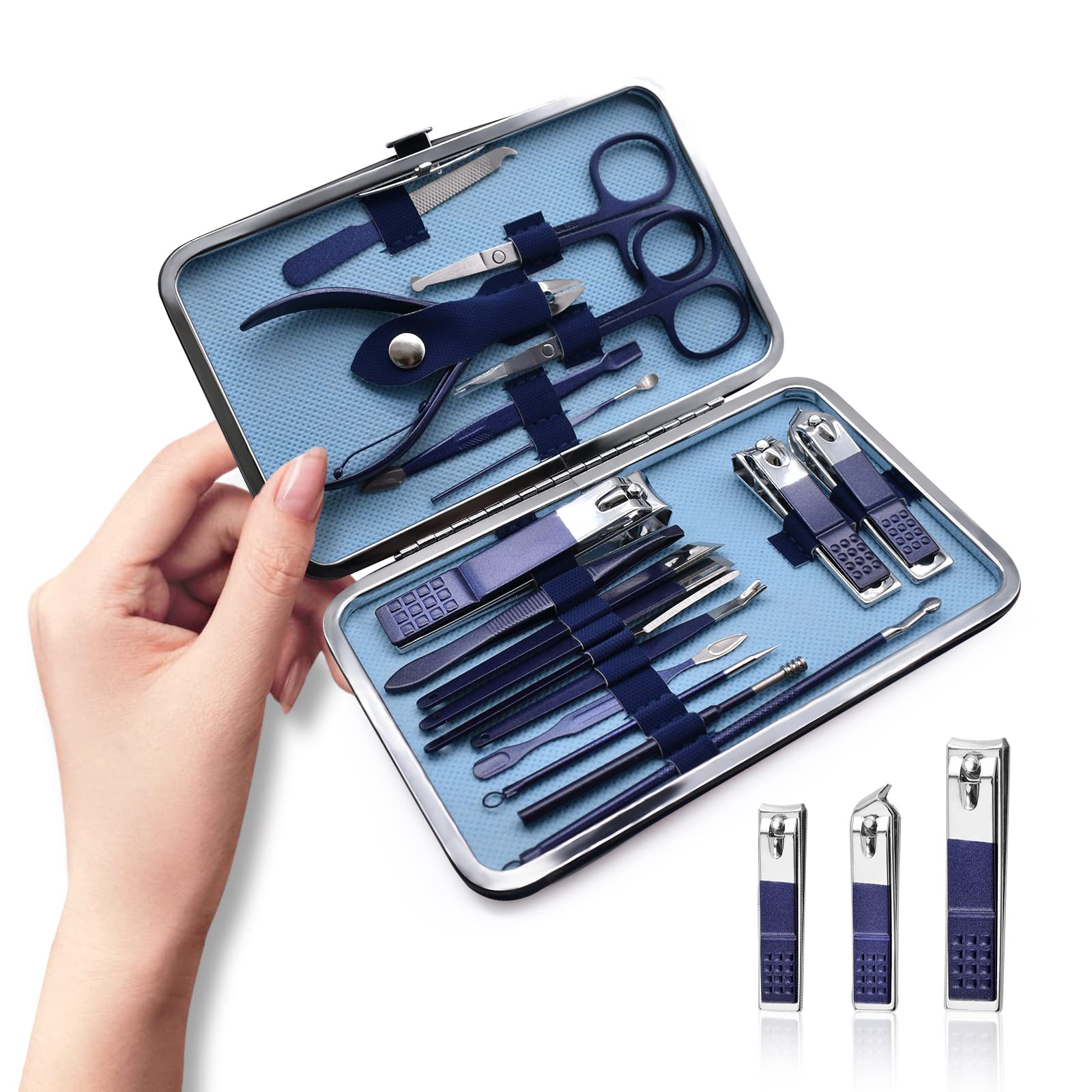 Manicure Set, Premium 18 in 1 Stainless Steel Professional Pedicure Kit Nail Scissors Grooming Kit with Blue Leather Travel Case (Blue)