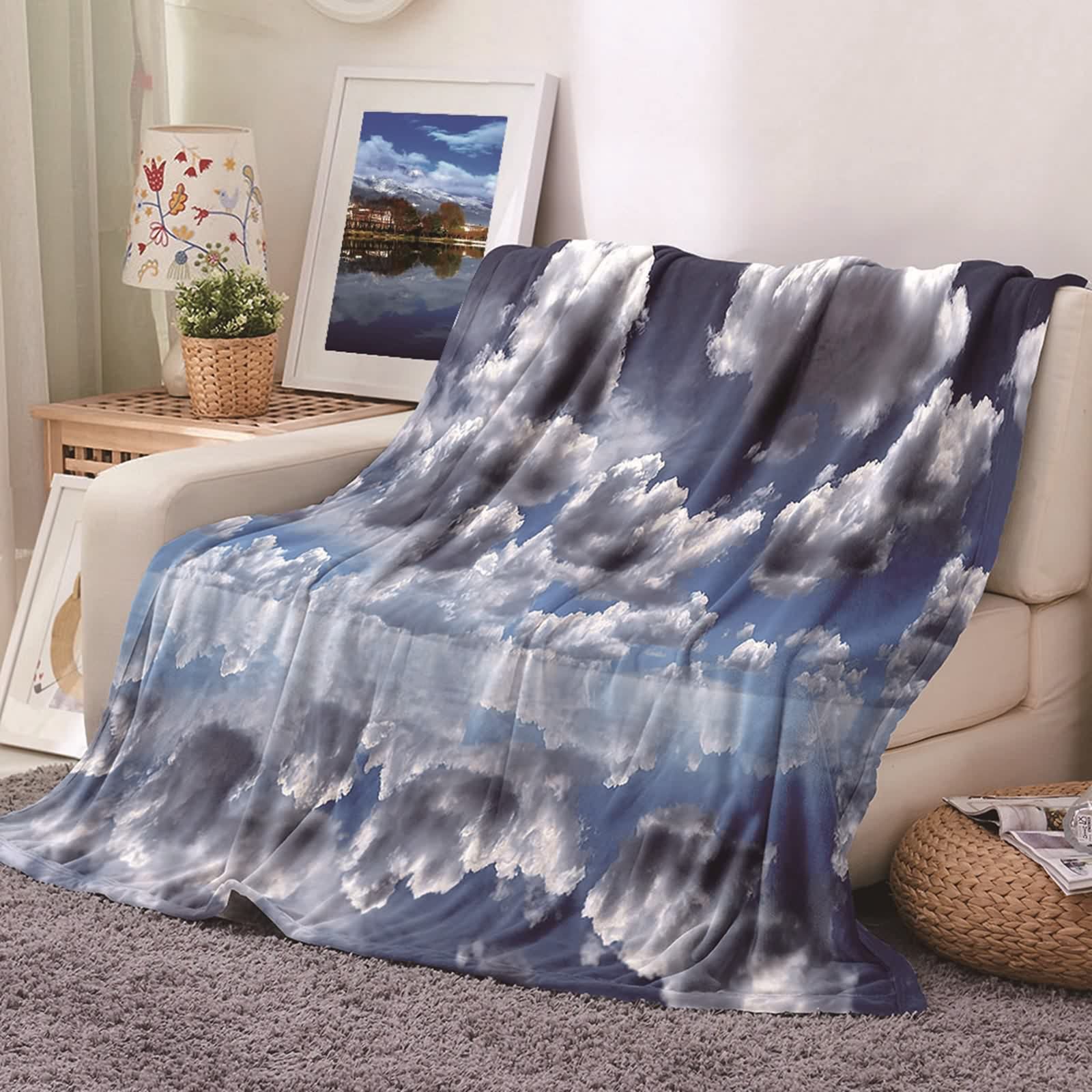 Couverture chaude hiver flannel 180x220cm lit et canapé nuages bleu gris