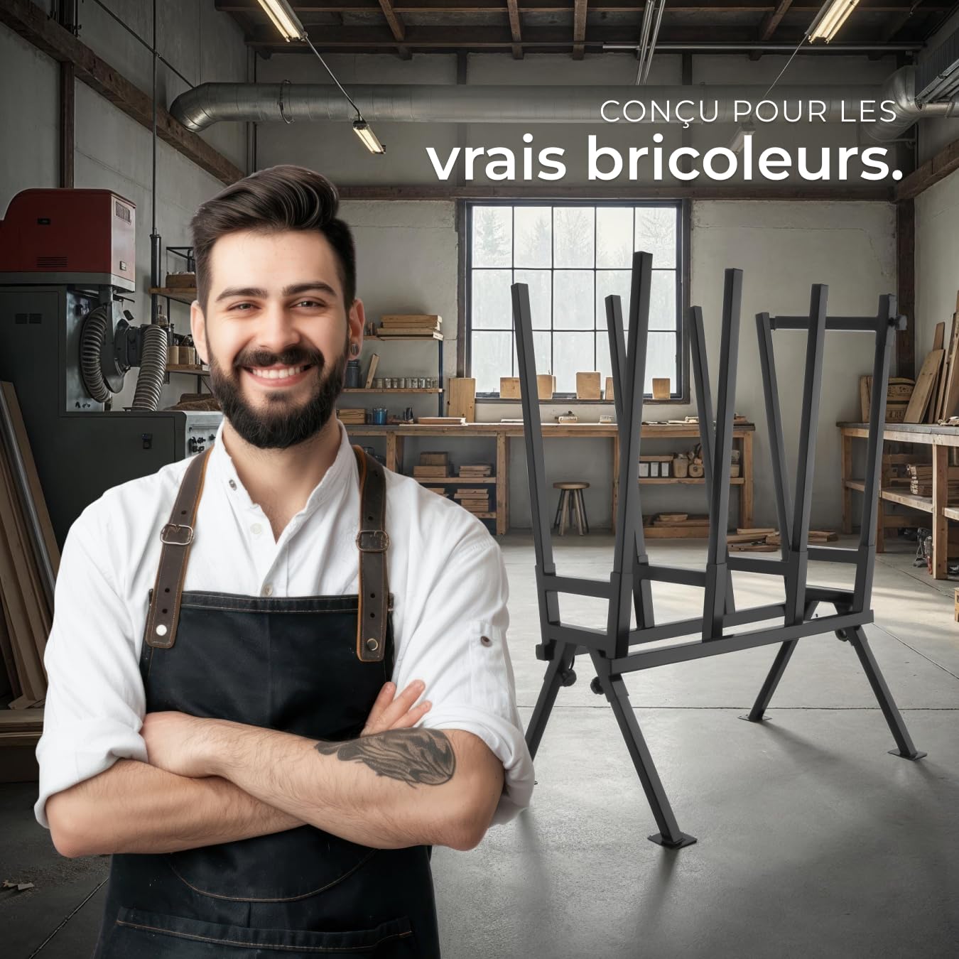 tectake® Chevalet de sciage pour Tronconneuse electrique et Scie, 76 x 53 x 102 cm, Coupe buche en acier, Chevalet coupe bois, Barre de blocage réglable, Résistant et Pliable, Capacité max. 400 kg