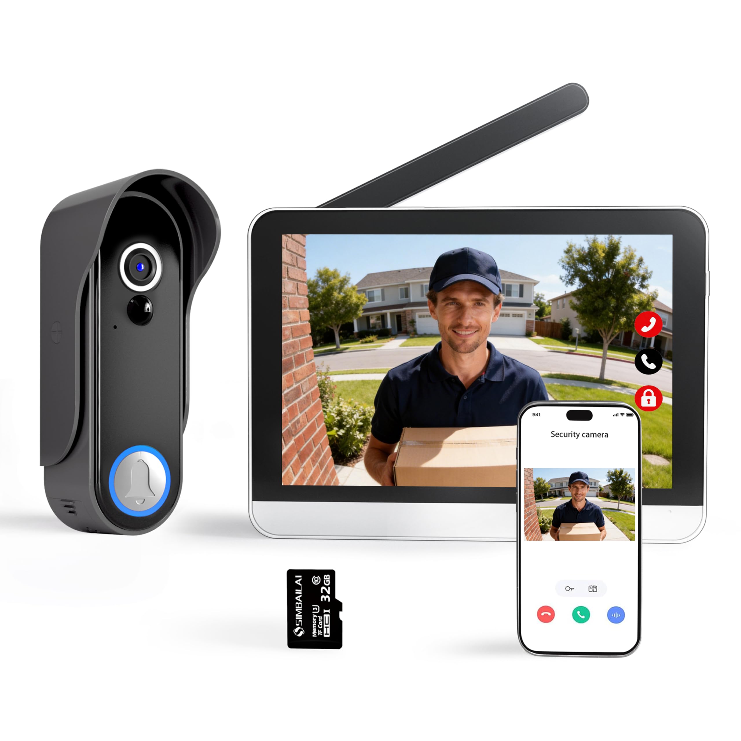 SIMBAILAI 7" Wireless Video Doorbell – 1080p Touchscreen, 160° Wide-Angle, Motion Detection, Two-Way Audio, Night Vision, IP65 Weatherproof, Tuya App, Electric Strike Lock Compatible, No Subscription
