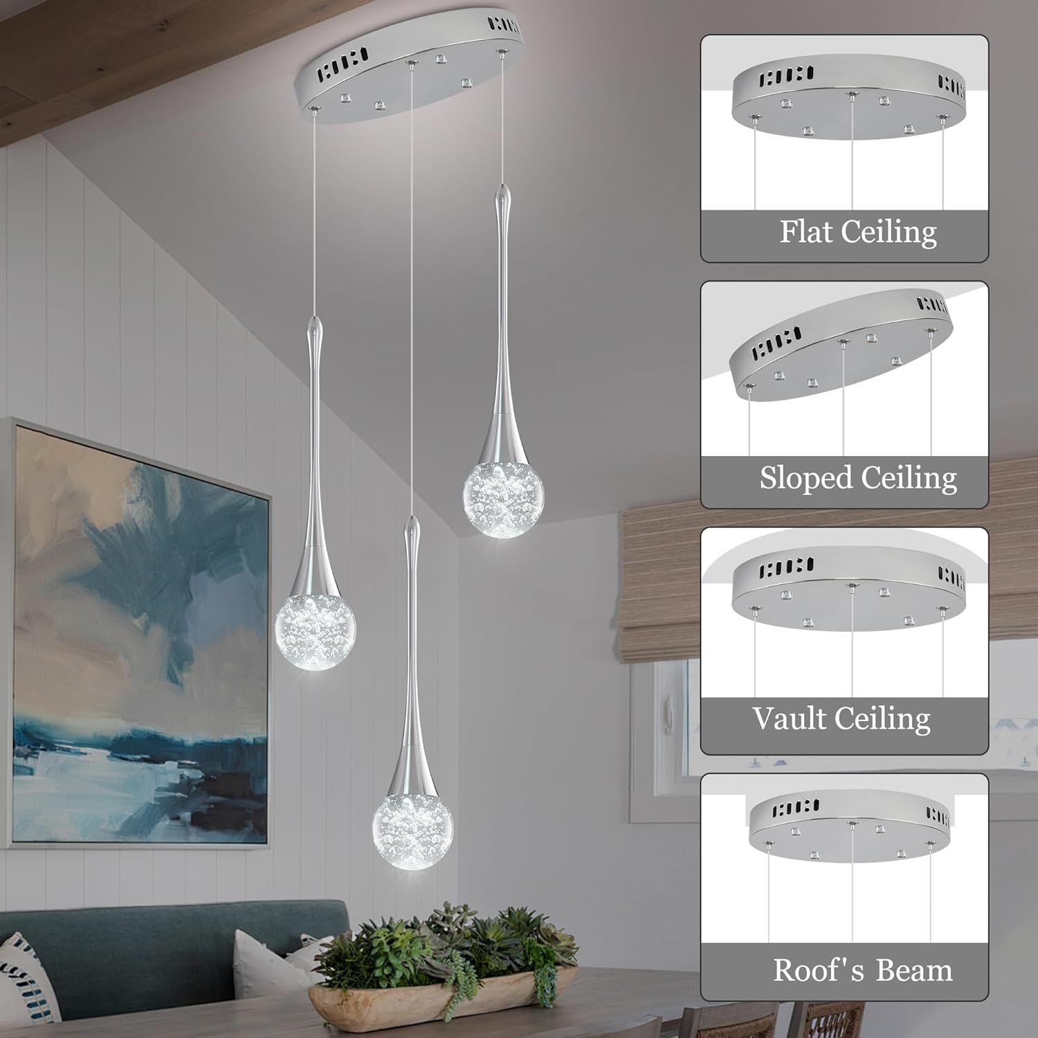Modern Crystal Kitchen Island Chandelier 3-Lights Chrome, LED Dimmable Raindrop Indoor Lighting Fixture for Dining Room Foyer Entryway Remote Control