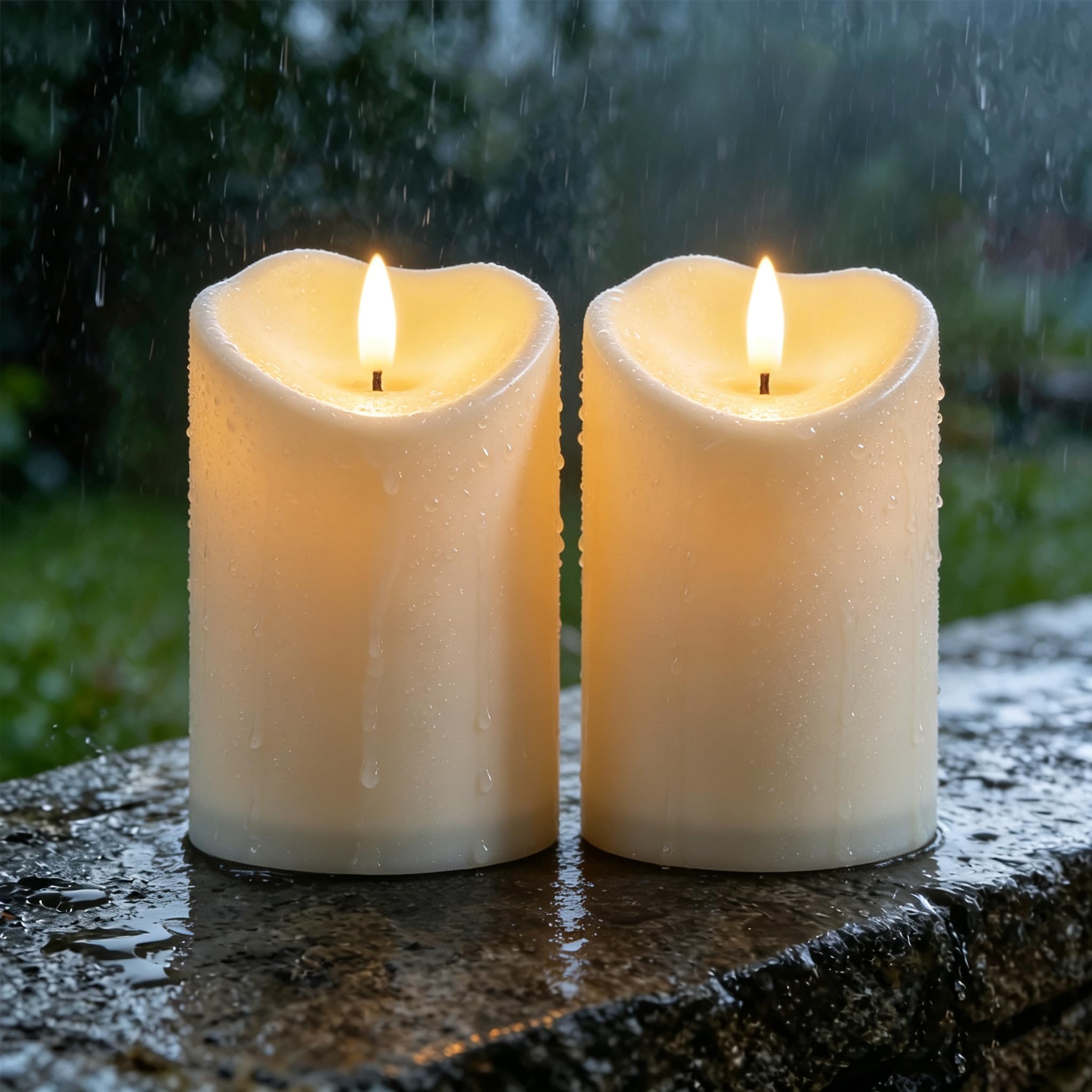 AMAGIC Dark Ivory Outdoor LED Pillar Candles Flameless Candle Set of 2