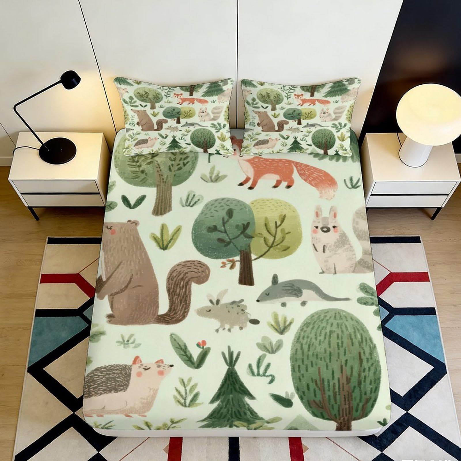 3D Printed Forest Animals Fitted Sheet Microfiber Soft Breathable Woodland Creatures Mattress Cover for Bedroom Dormitory Guest Room Protection 180x200x25cm