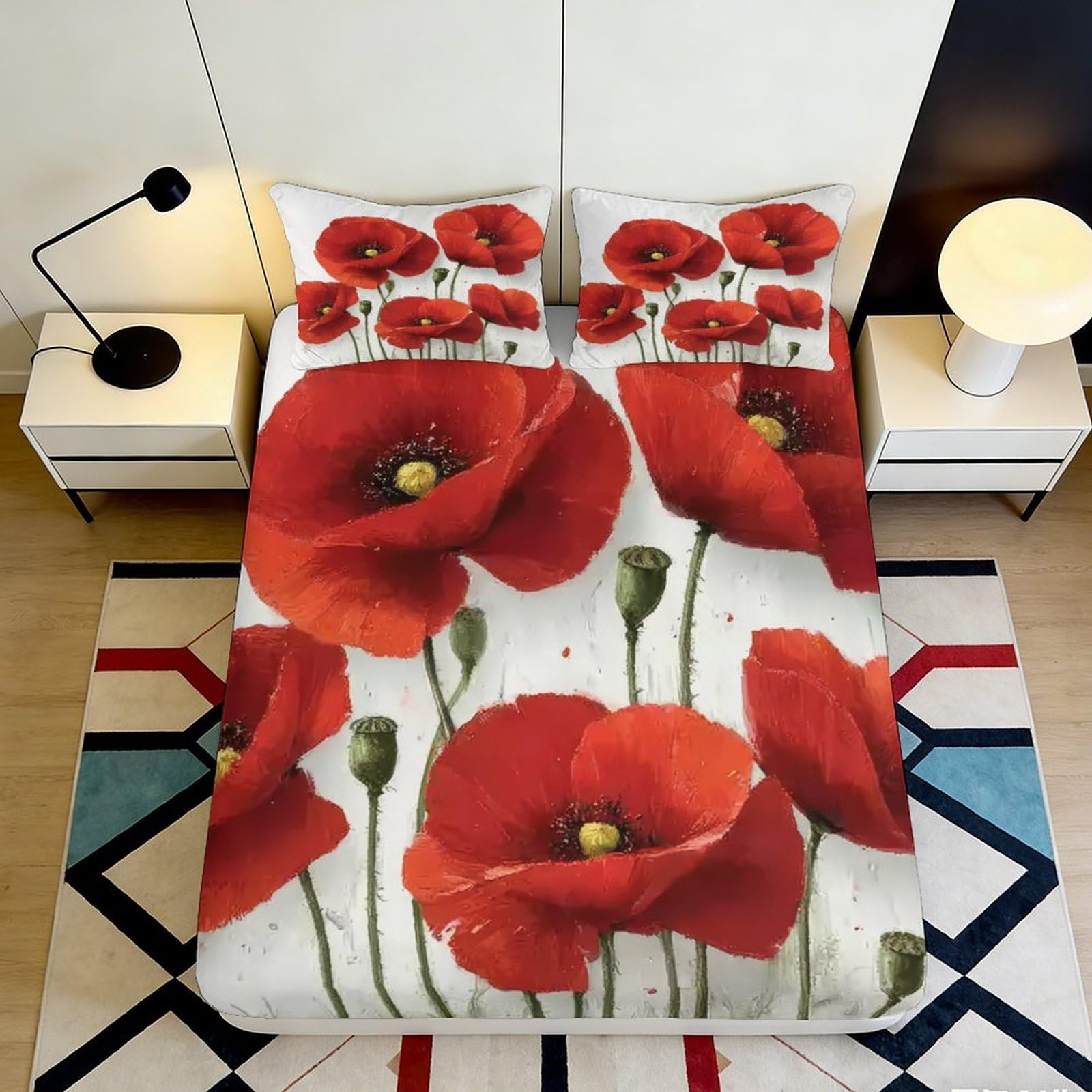 Uxinyoume Style-6 3D Printed Red Poppy Fitted Sheet Microfiber Soft Floral Mattress Cover For Bedroom Guest Room Dormitory Decor 90X200x25cm
