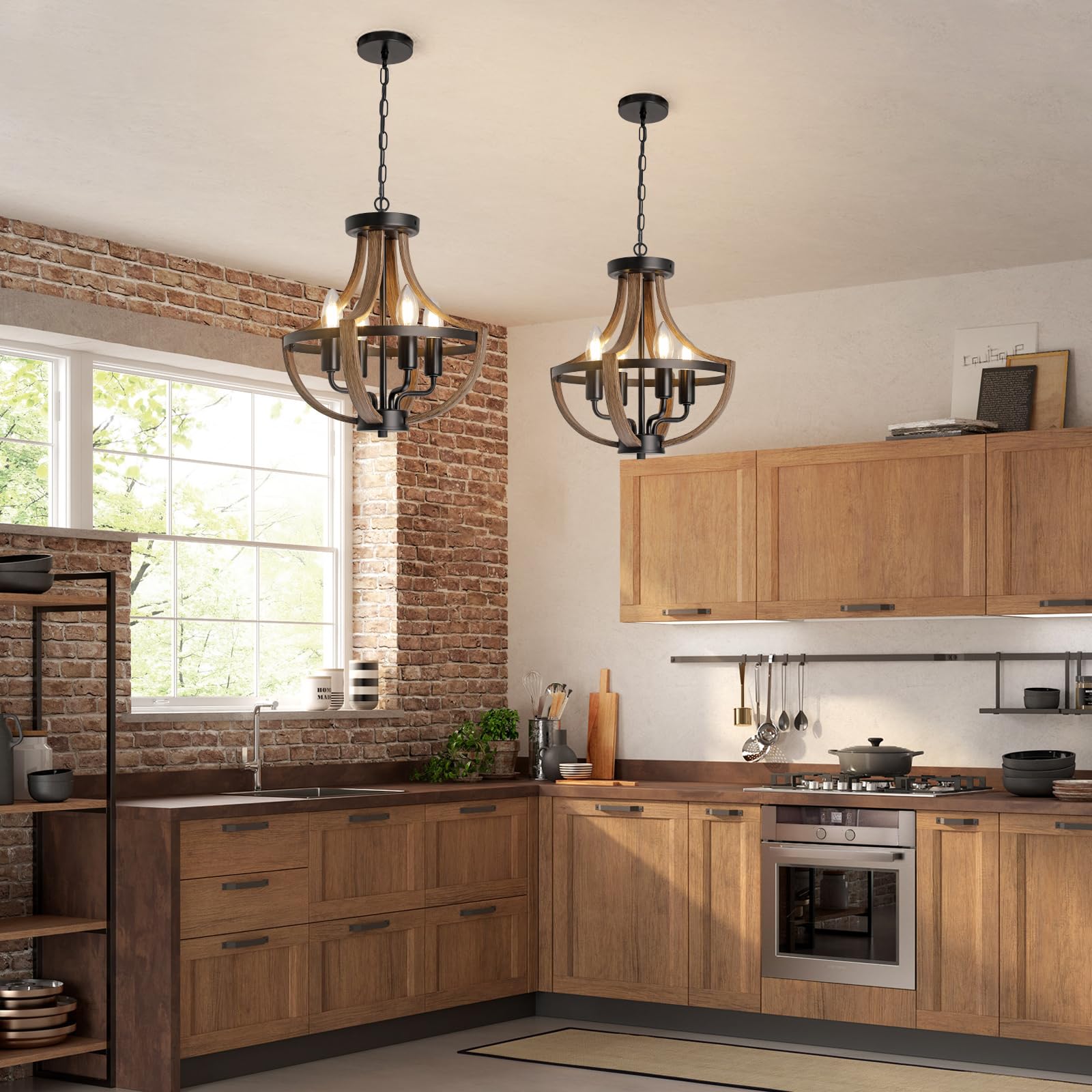 Kronleuchter im Landhausstil, Vintage-Stil, 4-flammig, höhenverstellbar, rustikale Metall-Deckenleuchte in Holzmaserung, für Esszimmer, Küche, Foyer, Flur, Eingangsbereich, Schlafzimmer