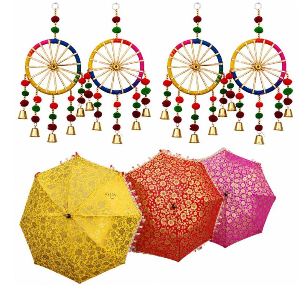 SVDK Wedding Umbrella and 4 Colourful Hanging Chakhri | Assorted Colours | Sangeet Haldi Mehendi Decor | Backdrop Prop Decoration - Pack of 3-image-39