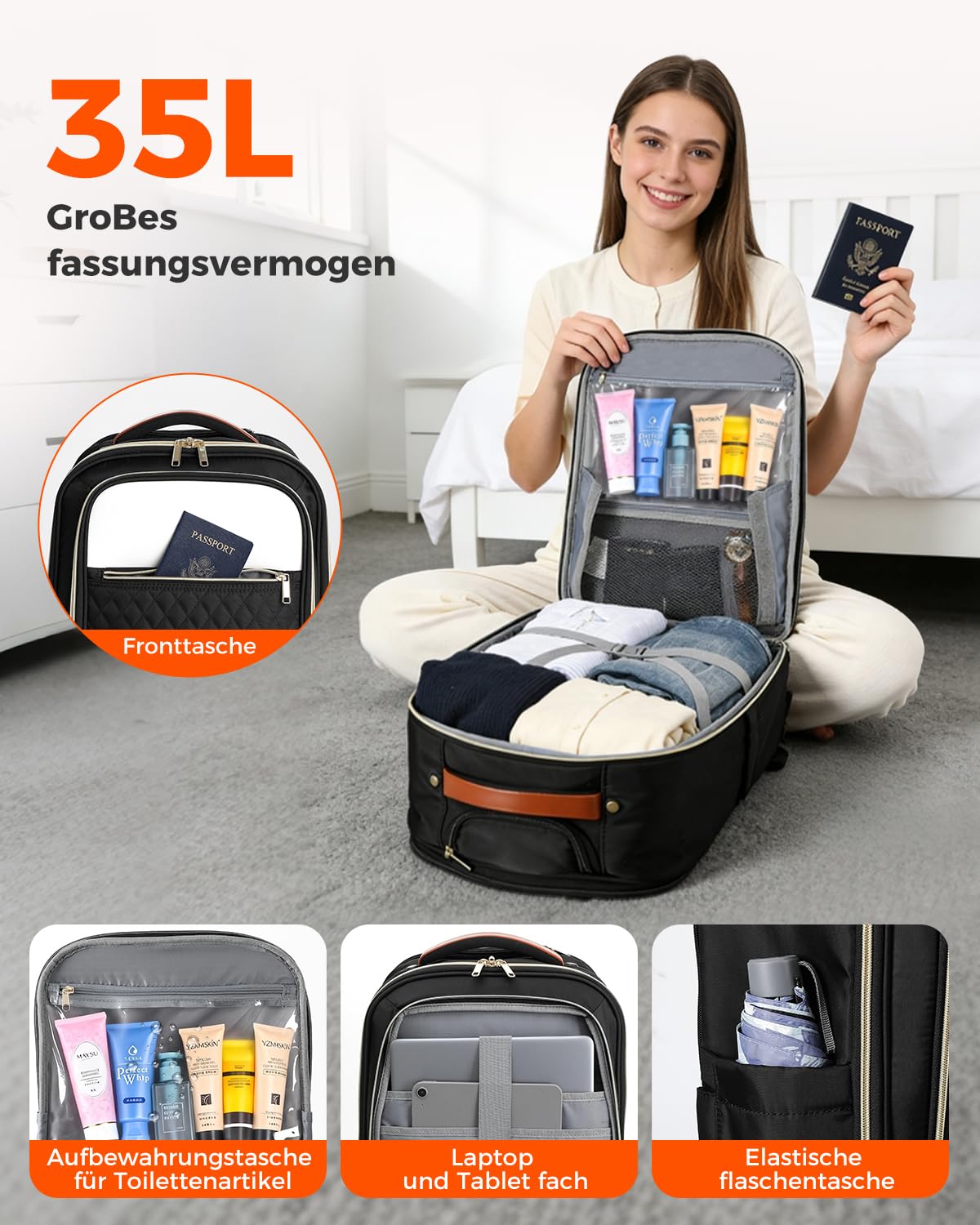 Rucksack mit Rollen Damen 17 Zoll Laptop, 2 in 1 Rucksack Trolley, Leichter Reise Laptop Trolley (52x33x20 cm),180 Grad Offnung, wasserabweisend, 35 Liter Fassungsvermogen