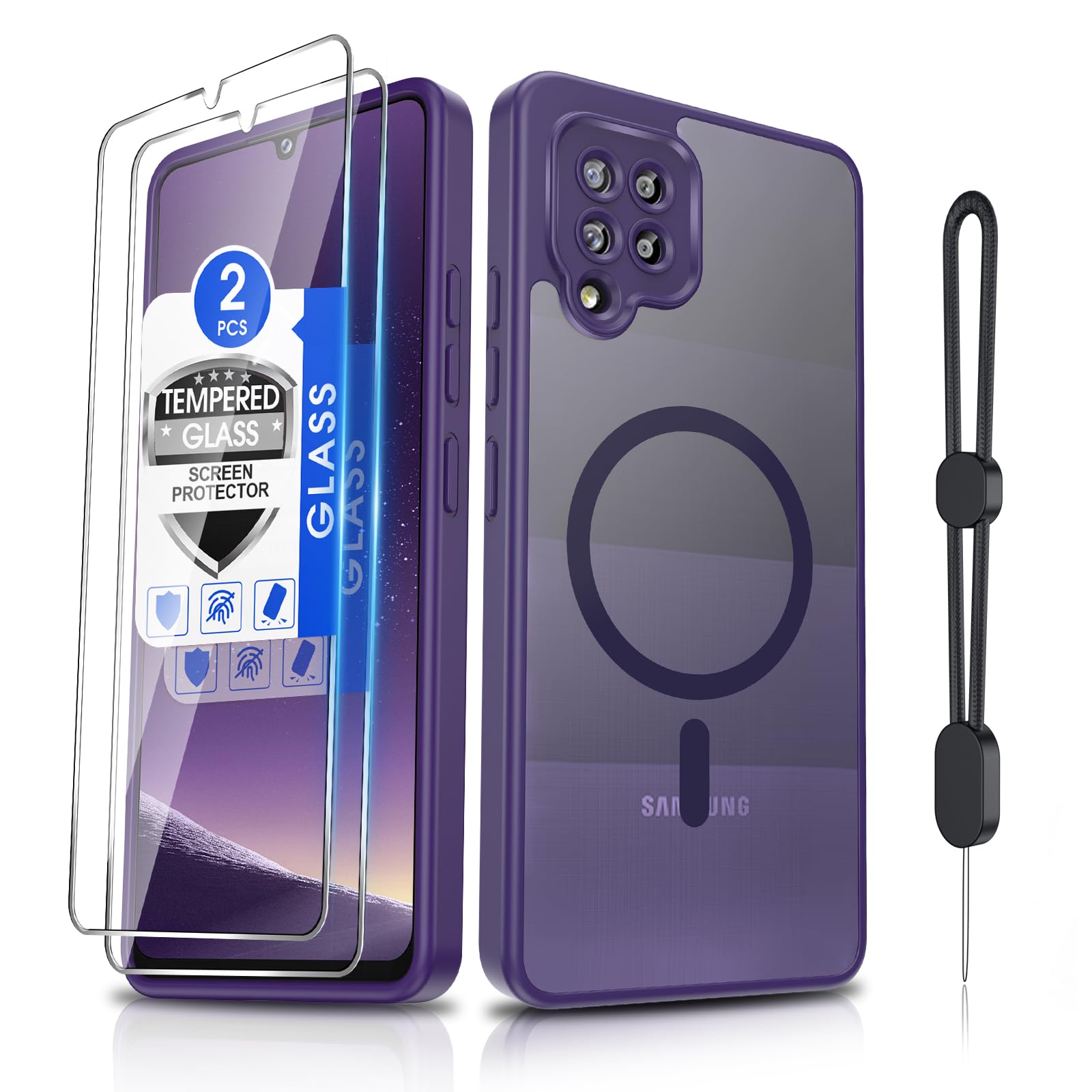 Dizn for Samsung Galaxy A42 Cover,with Tempered Glass Screen Protector,Lanyard,[Fit for MagSafe] Wireless Charging,Matte Translucent &amp; Military-Grade Shockproof for A42,Funda para A42,Dark Purple